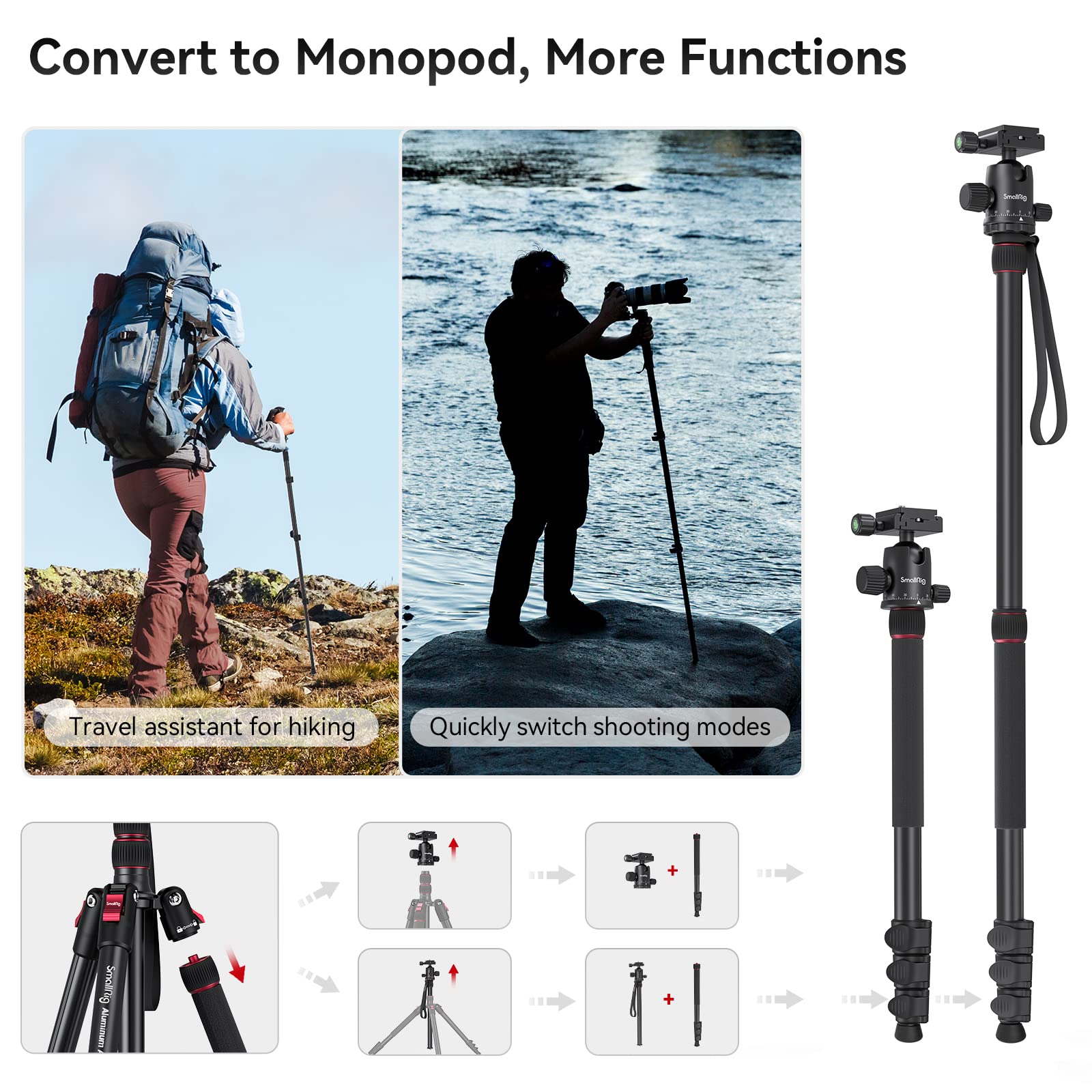Smallrig Ct 20 Camera Tripod, 78.7'' Foldable Aluminum Tripod & Monopod, 360Ball Head Detachable And Quick Release Plate, Payloa