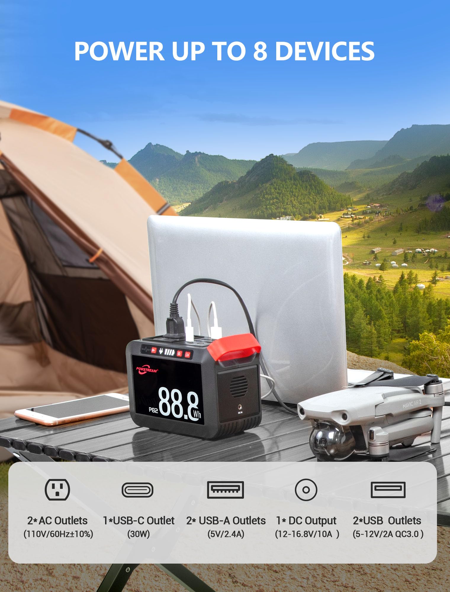 Powstream Solar Generator 88.8Wh Portable Power Station With Solar Panel Included, Lithium Ion Battery Power Bank With Ac Usb Ou