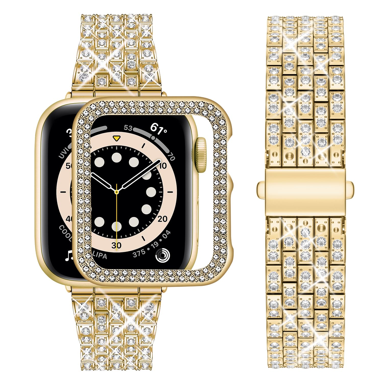 wutwuk Diamond Band with Bling Case Compatible with Apple Watch Bands for Women 42mm, Sparkly Metal Strap with Crystal Protectiv