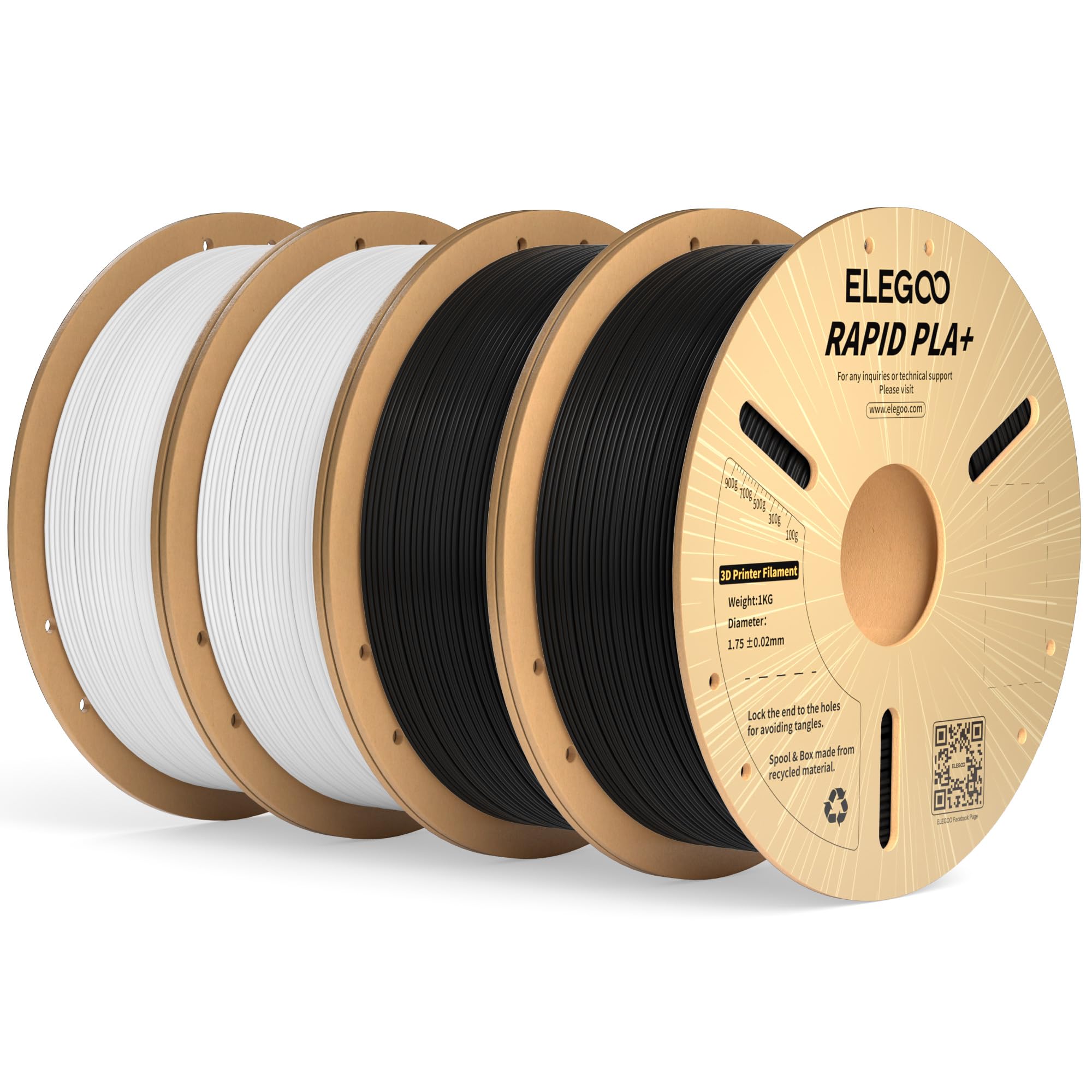 ELEGOO Rapid PLA Plus Filament 1.75mm Black & White 4KG, PLA+ 3D Printer Filament for 600 mm/s High Speed Printing, Dimensional 