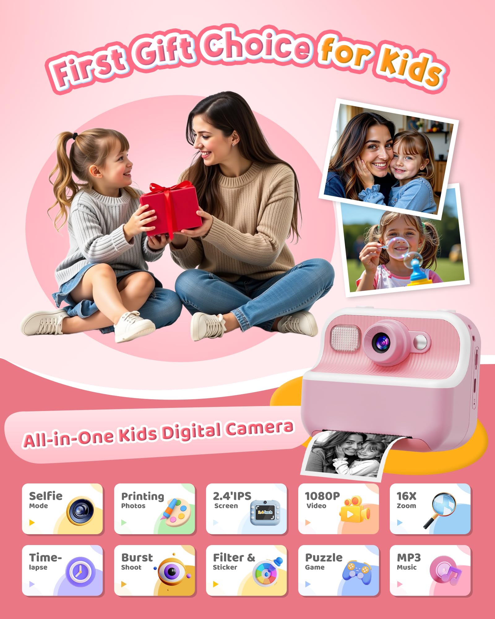 Instant Camera, Front Rear Dual Selfie Kids Camera With 1080P Videos, Holiday Birthday Gifts For Kids Age 3 12, Toddler Portable