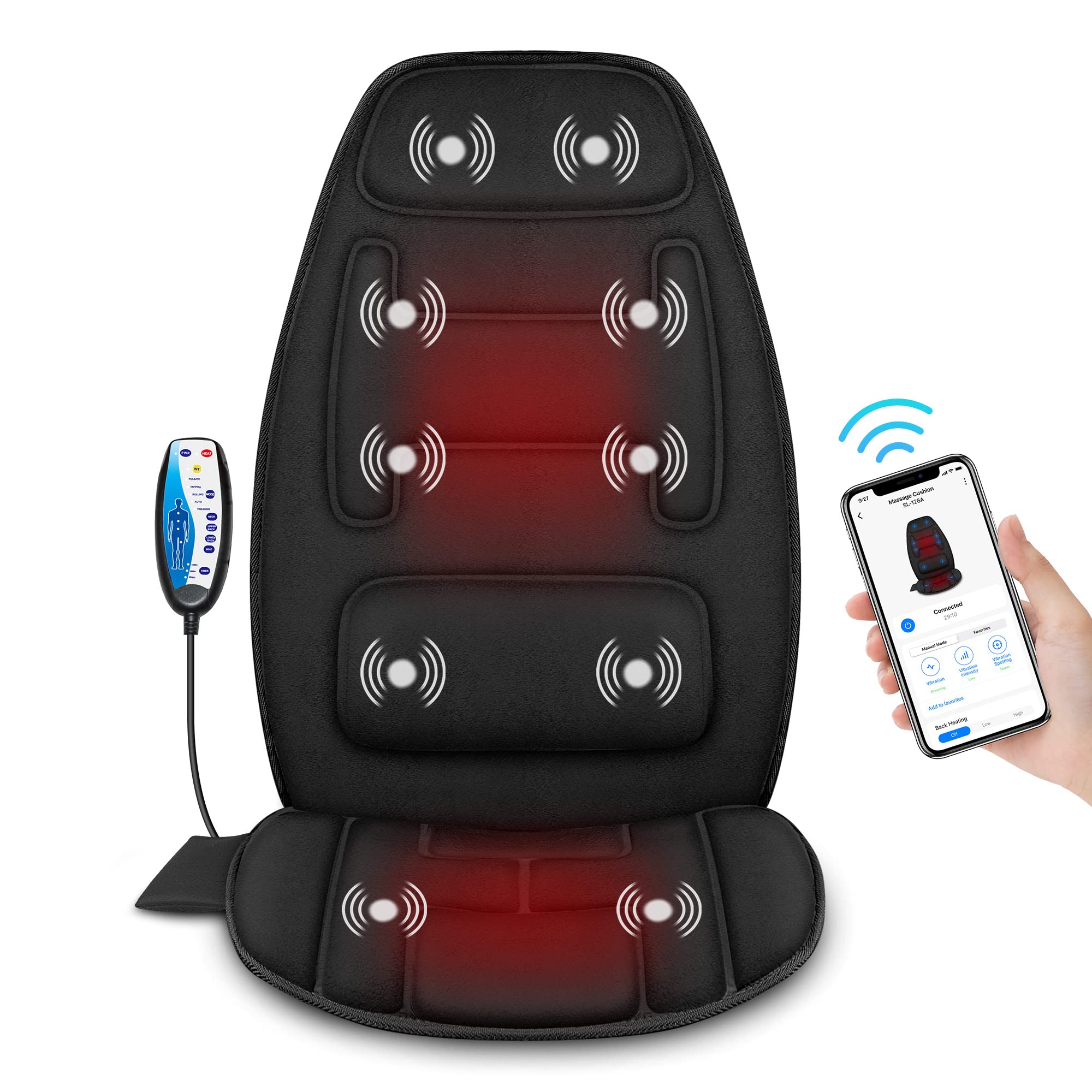 Snailax Vibration Back Massager with Heat, APP Control, Massage Seat Cushion with Extra Memory Foam Support Pad in Neck and Lumb