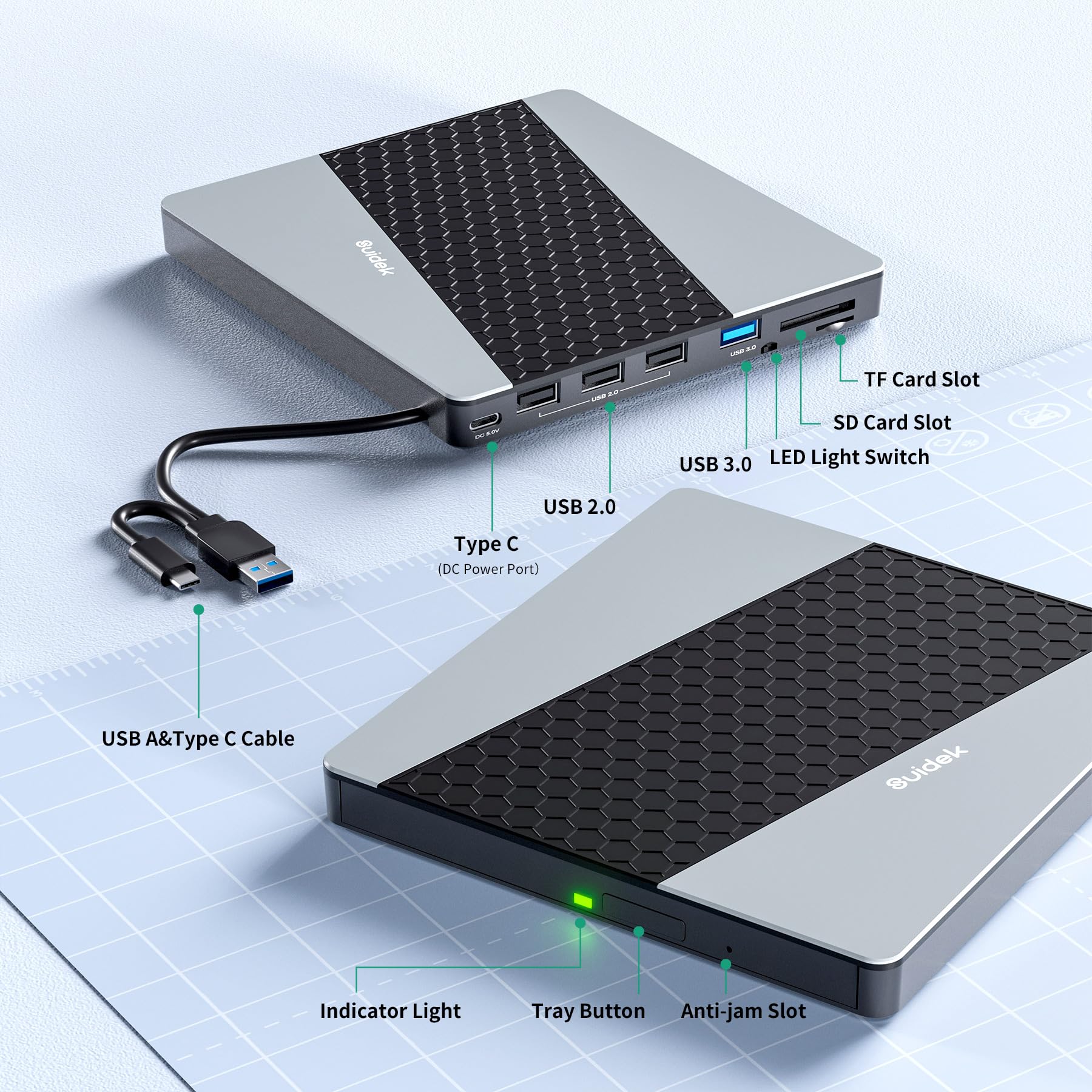 Suidek External Cd Dvd Drive, Usb 3.0 Usb C Portable Cd Dvd +/ Rw Burner Dvd Player For Laptop With Sd/Micro Sd Card Reader 8 In