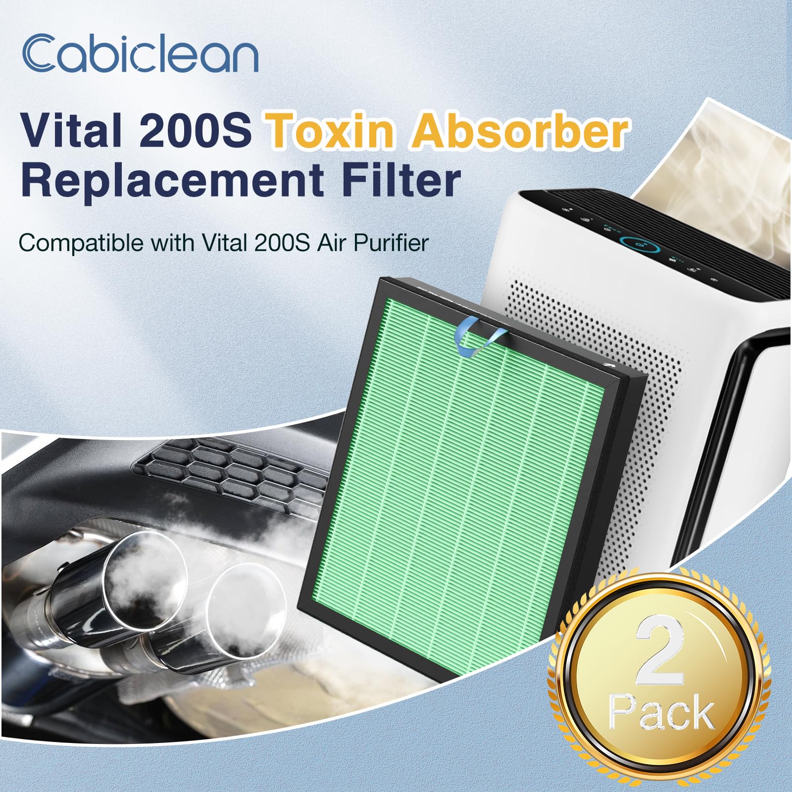 Cabiclean Vital 200S-P Replacement Filter for LEVOIT Vital 200S Air Purifier, 2-Pack, High-Efficiency Activated Carbon, Green