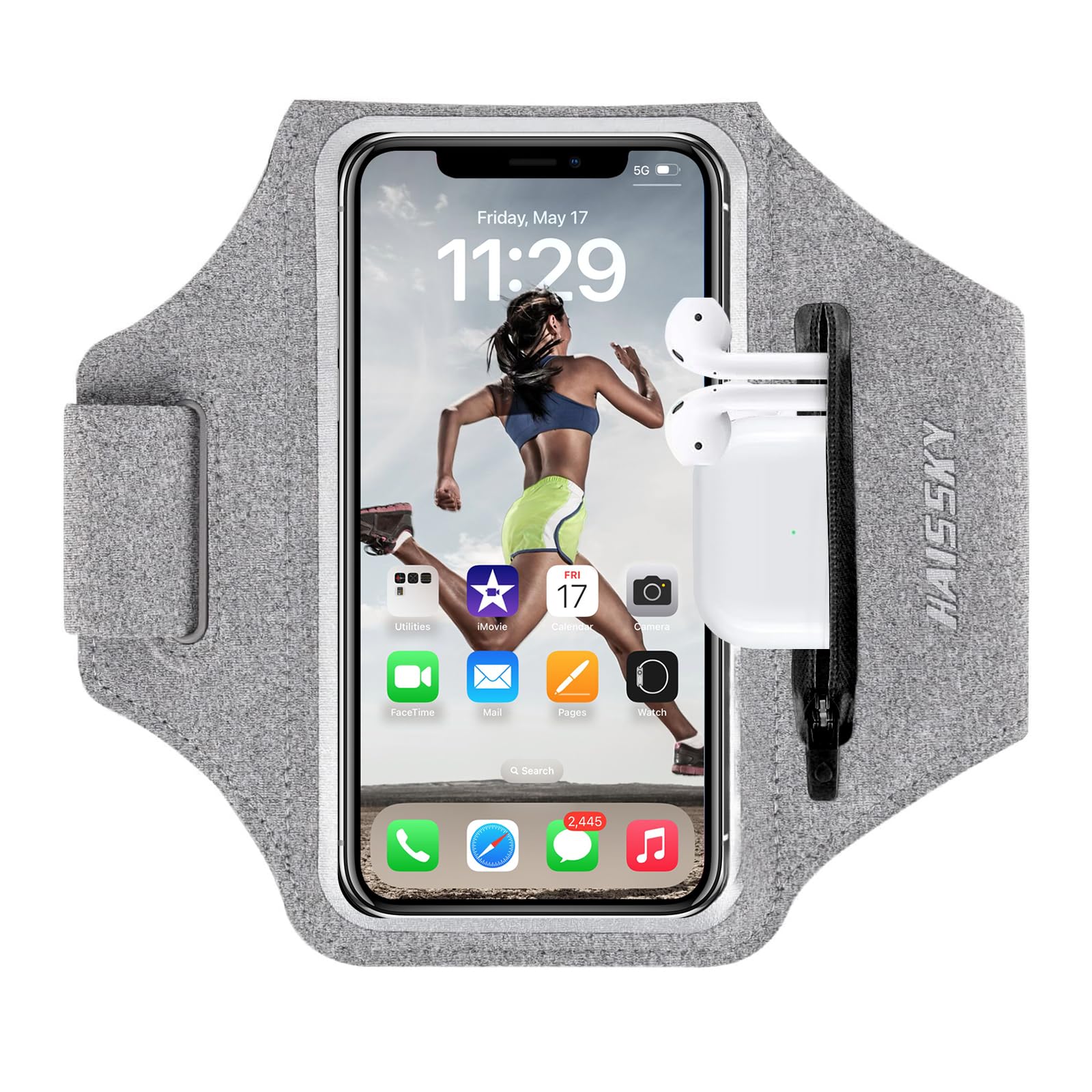 Cell Phone Running Armband with Earbuds Zipper Pocket Armband Case Running Holder For iPhone 16 Pro Max/15/14 Pro Max/13/12 /11 