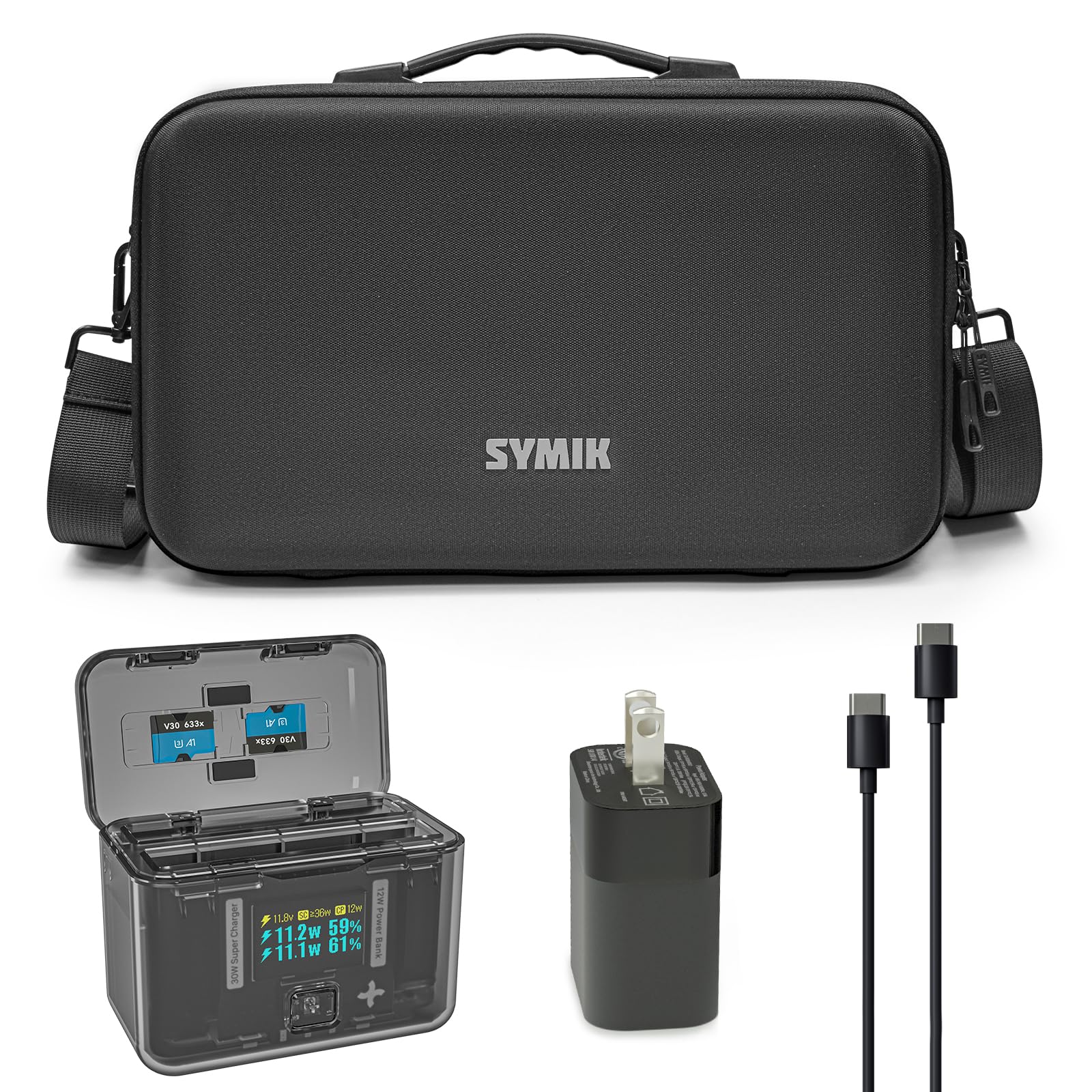 Symik Fast Charge Hub & Carry Case For Insta360 X4 Bundle With 30W Pd Gan Power Adapter & Cable, Oled Screen Intelligent Two Way