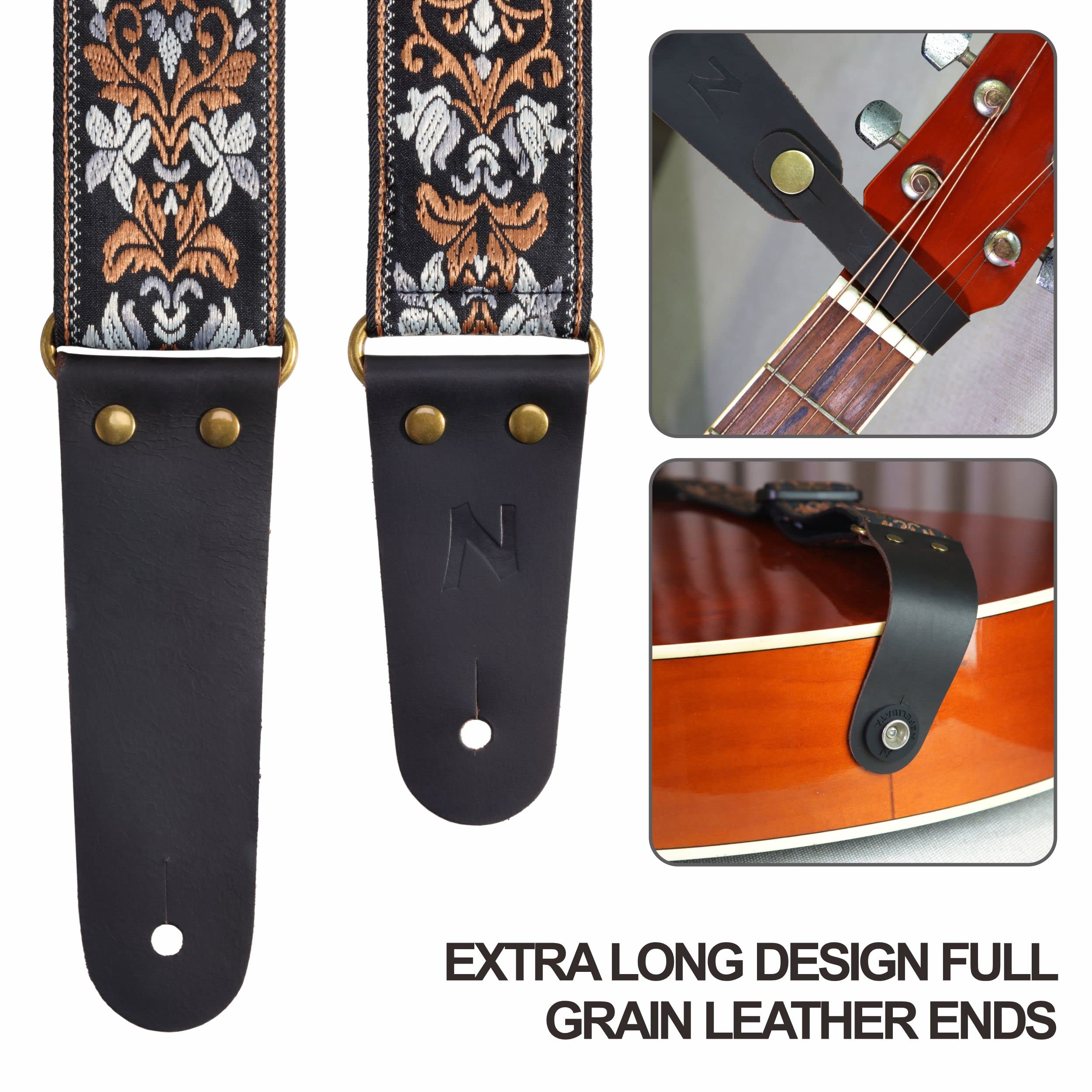 Nefelibata Guitar Strap, 2 Jacquard Embroidery Guitar Straps, Full Grain Leather Ends With Hidden Pocket, For Bass, Electric And