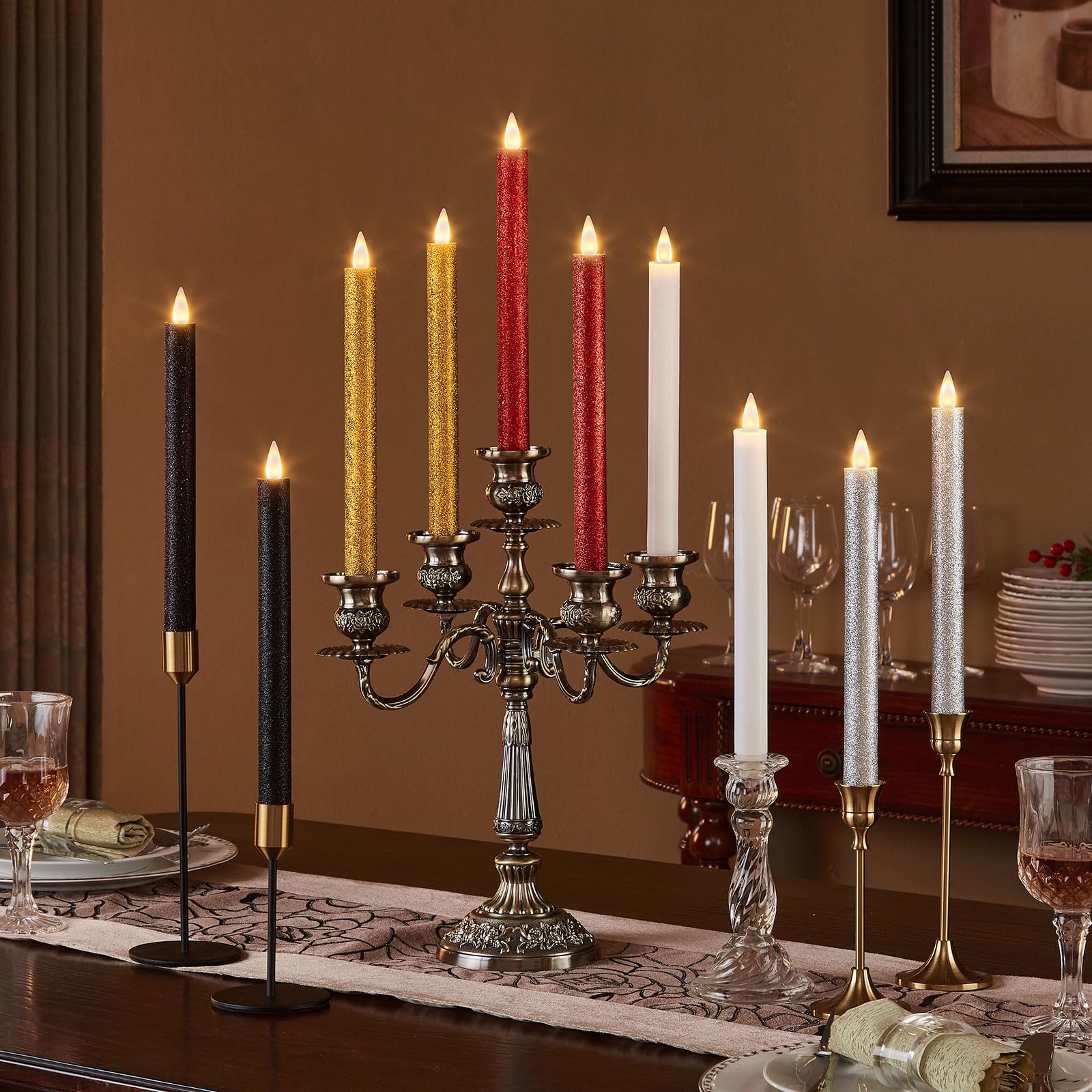 Cozierglow Glitter Silver 9 Inch Battery Operated 3D Moving Flame Taper Candles With Remote And Timer, Pack Of 2