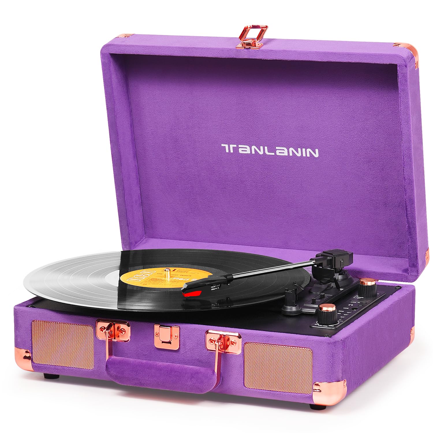 Velvet Vinyl Record Player   33 45 78 Rpm Portable Suitcase Turntable With Usb Recording, Bluetooth, Built In Speakers, Rose Gol