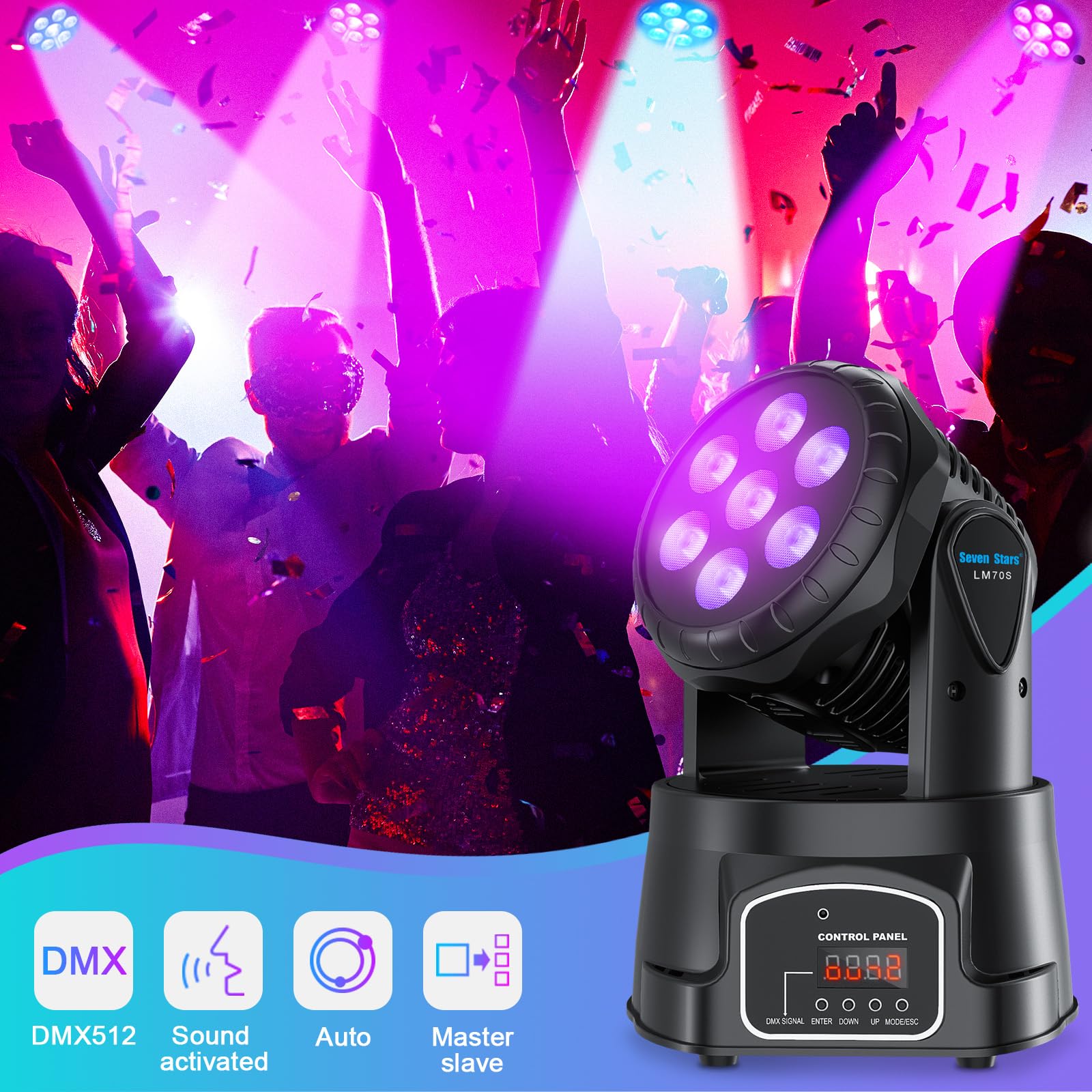 Seven Stars Dj Lights Moving Head 60W Light Stage Lighting Rgbw Dj Light 9/16 Channel Dmx 512 Spotlight For Bars, Disco, Church,