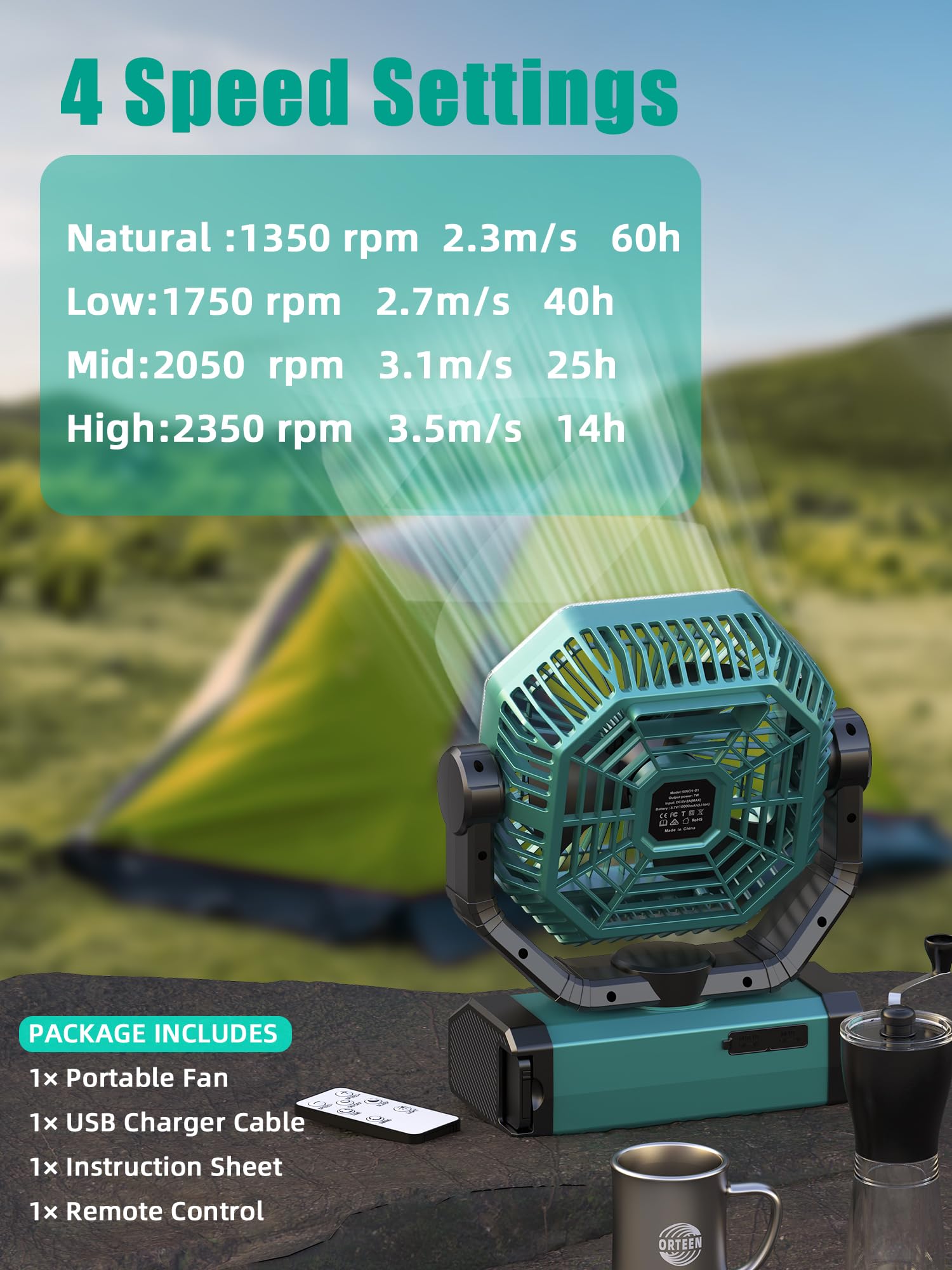 Portable Rechargeable Fan   9 Inch Camping Fan For Tent, 20000Mah(60Hrs) Battery Operated Fan For Camping, Auto Oscillation Cord