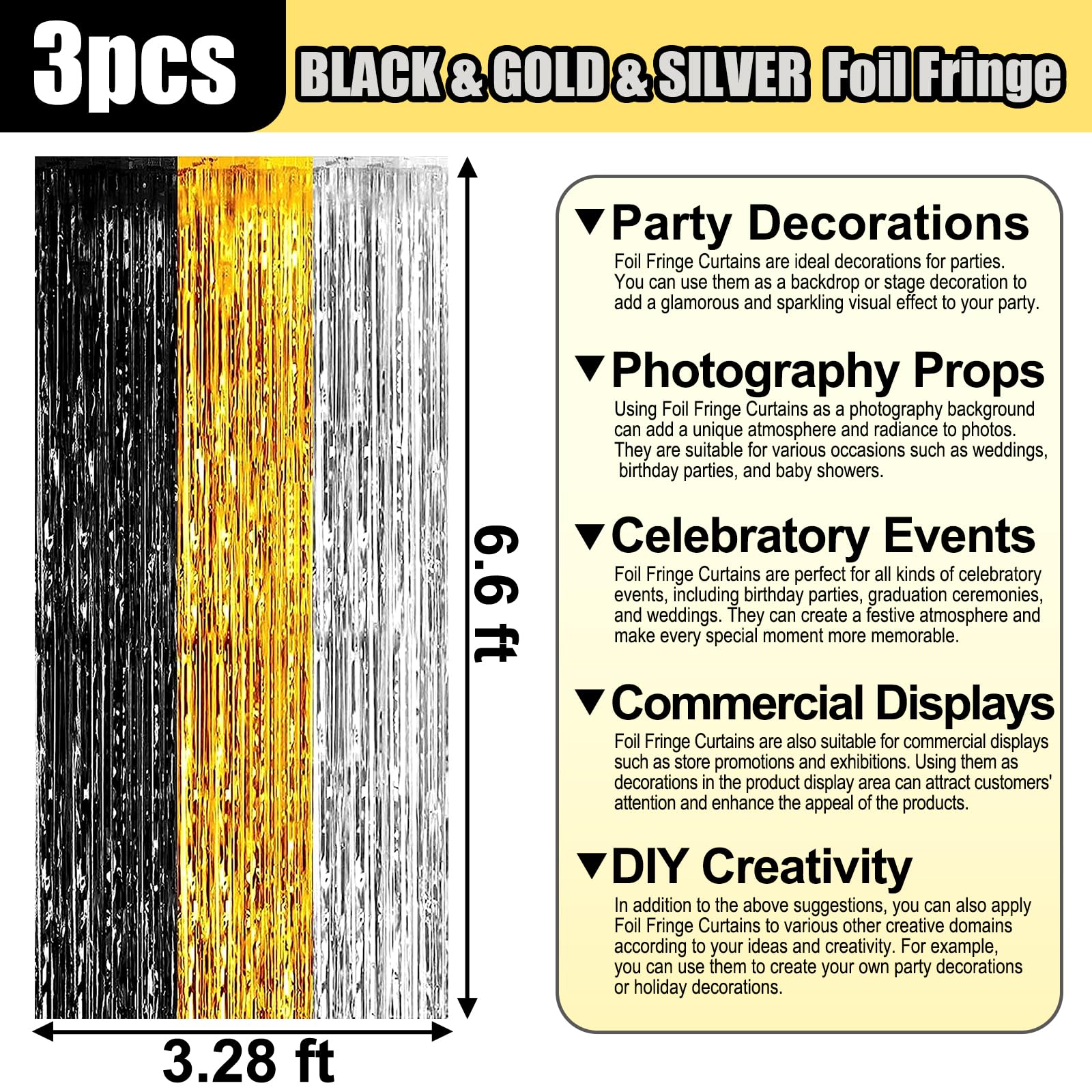 3 Pack Black Gold Silver Foil Fringe Curtain Backdrop, 3.28Ft X 6.6Ft Metallic Tinsel Foil Fringe Streamer Curtains For Photo Bo