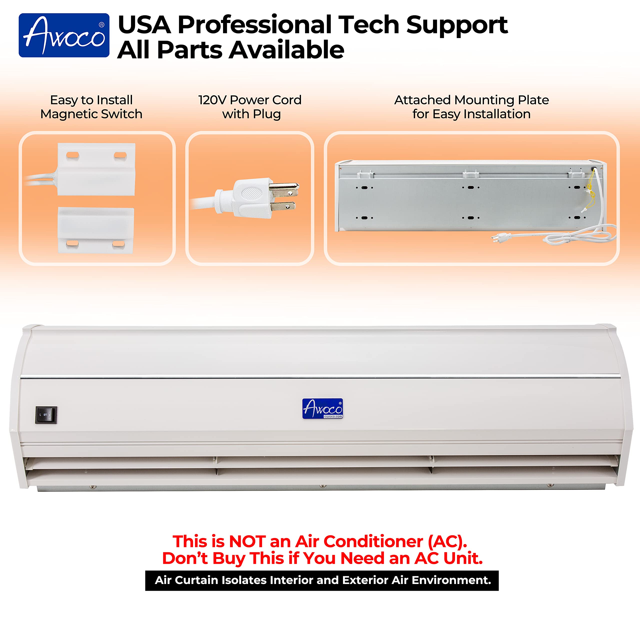 Awoco 36' Elegant 2 Speeds 900 Cfm Unheated Indoor Air Curtain With An Easy Install Magnetic Door Switch