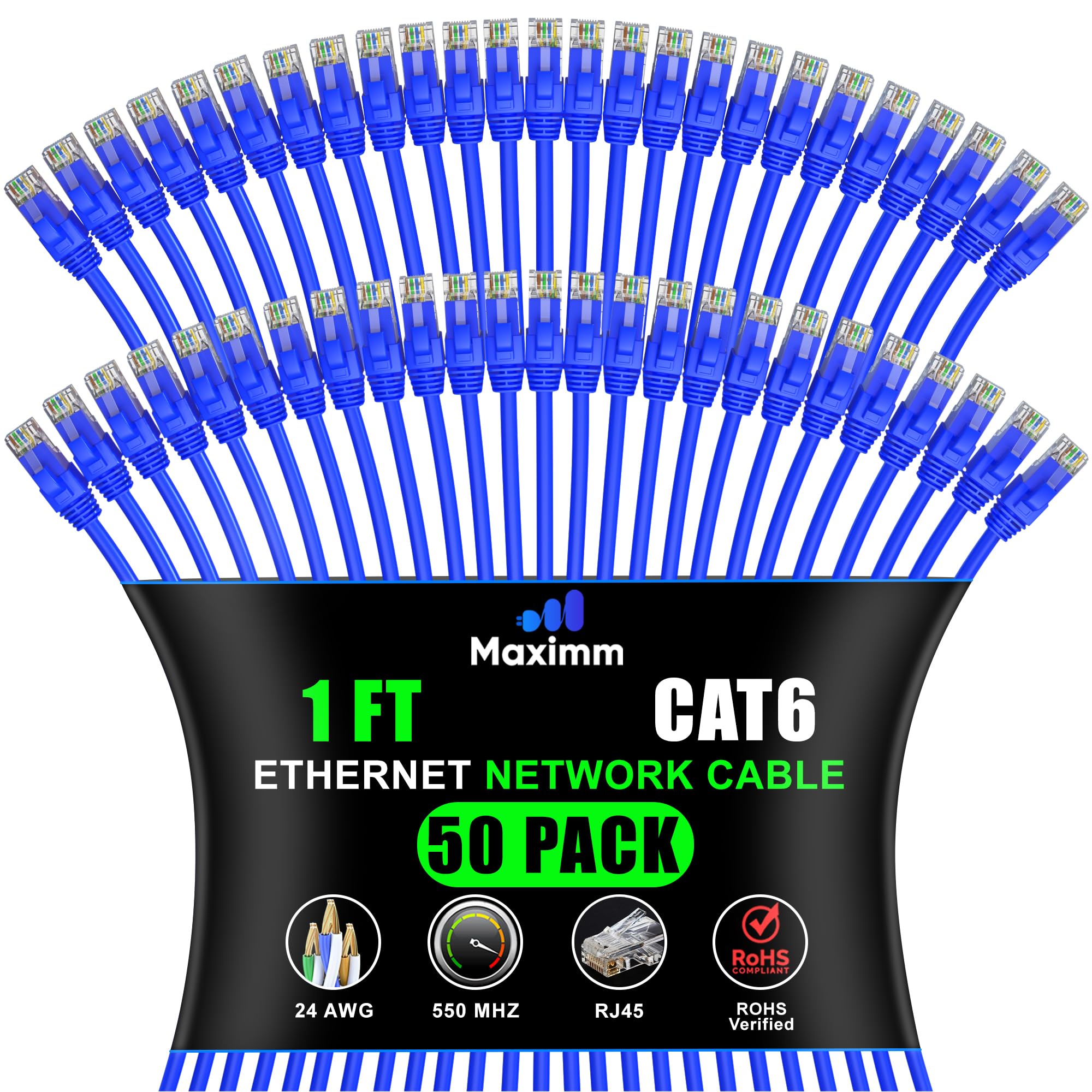 Maximm Cat 6 Ethernet Cable 1 Ft, (50-Pack) Cat6 Cable, LAN Cable, Internet Cable, Patch Cable and Network Cable - UTP (Blue) 1 