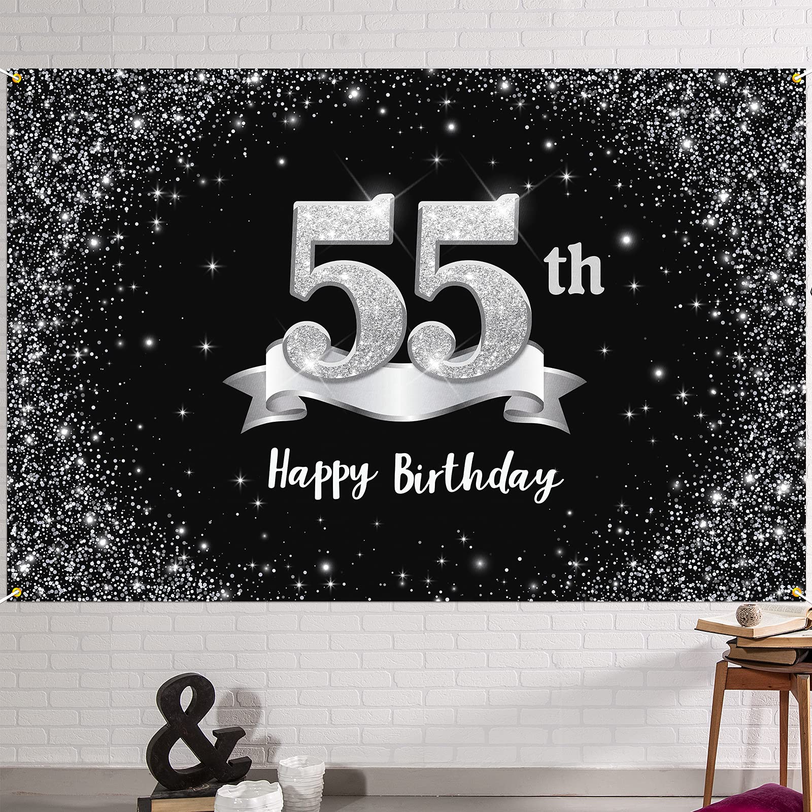 Hamigar 6X4Ft Happy 55Th Birthday Banner Backdrop   55 Years Old Birthday Decorations Party Supplies For Women Men   Black Silve