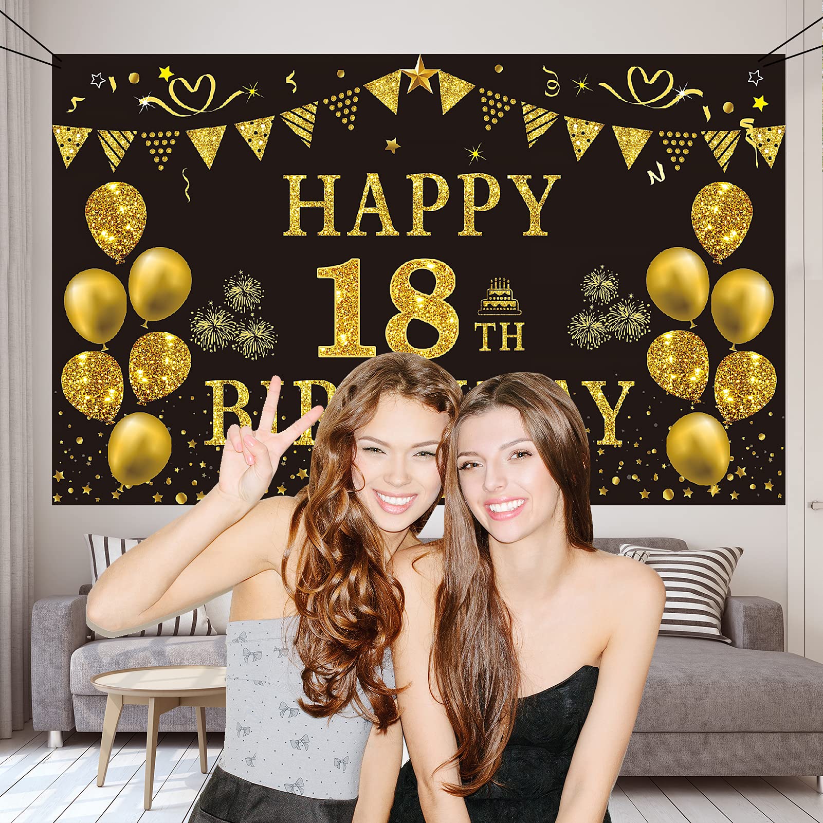 Trgowaul 18Th Birthday Decorations For Men   Black Gold 18Th Birthday Backdrop Banner 5.9 X 3.6 Fts Happy 18Th Birthday Decorati