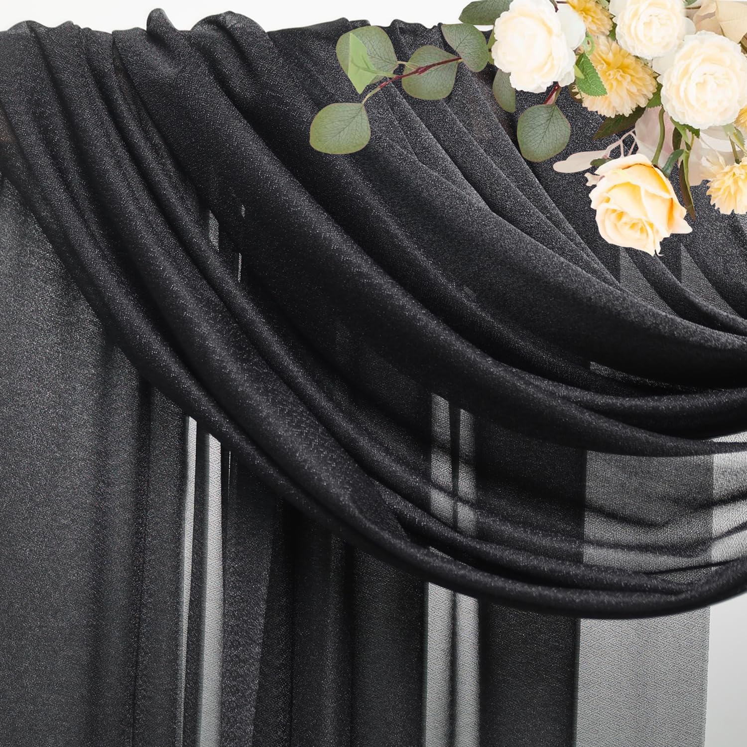 Wokceer Wedding Arch Draping 2 Panels 28.7 X 20Ft Black Sheer Fabric Backdrop For Ceremony, Birthday Party, Bridal Shower Decora