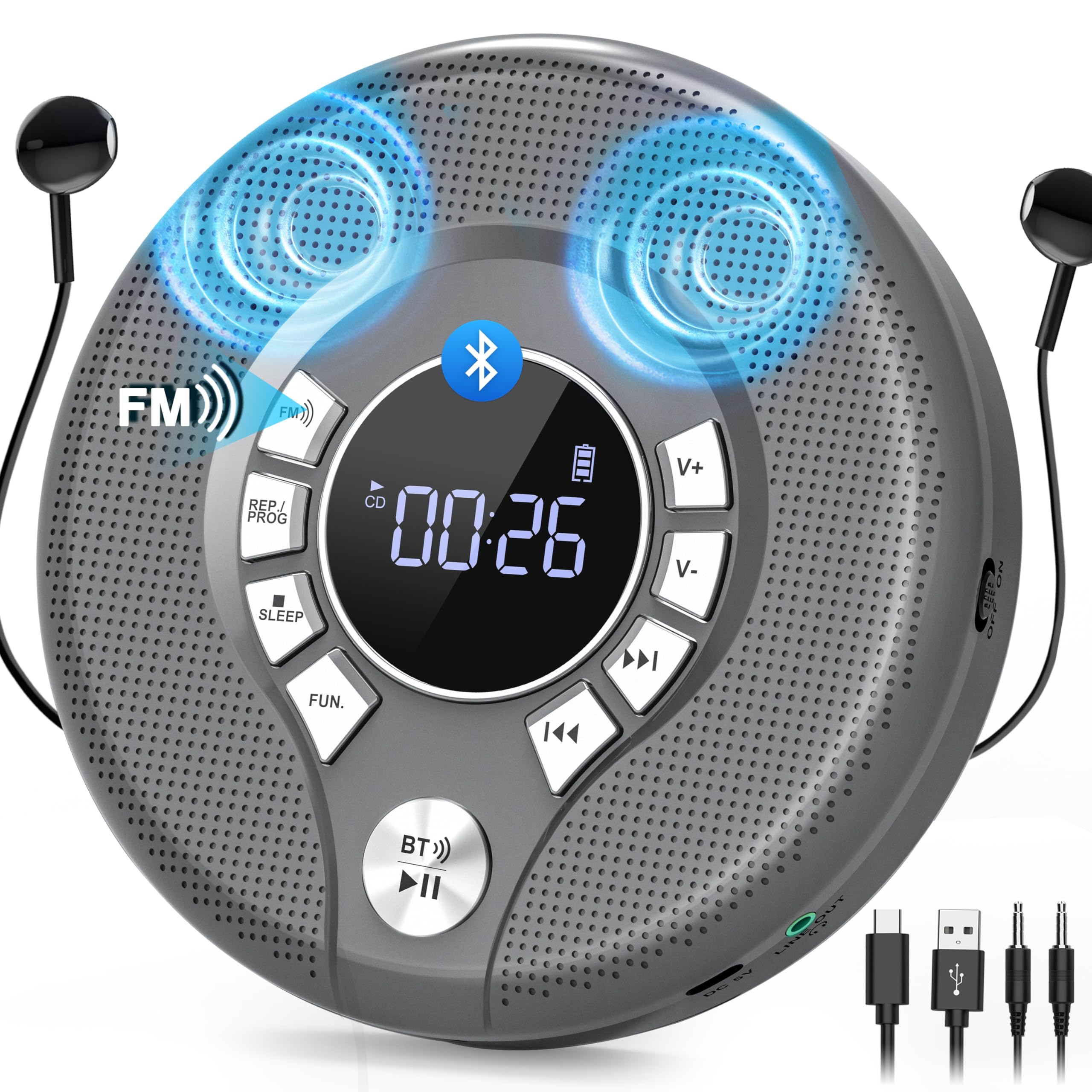 Greadio Portable CD Player with Bluetooth, FM Transmitter for Car Home Use, Rechargeable Discman CD Player with Headphones & Spe