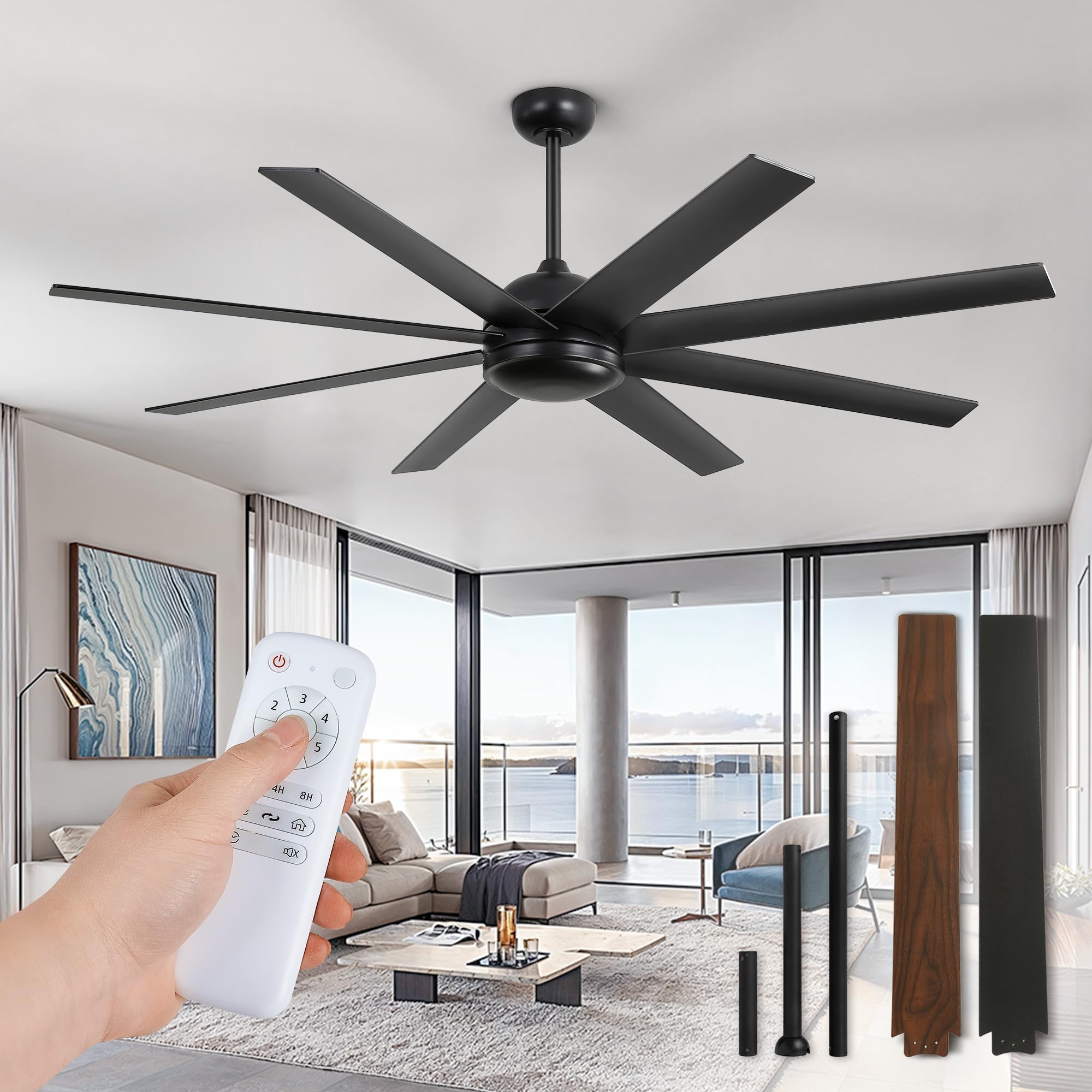 Fanbulous 65 Inch Ceiling Fans No Light With Remote, Black Indoor/Outdoor Ceiling Fan Without Light With Quiet Reversible Dc Mot