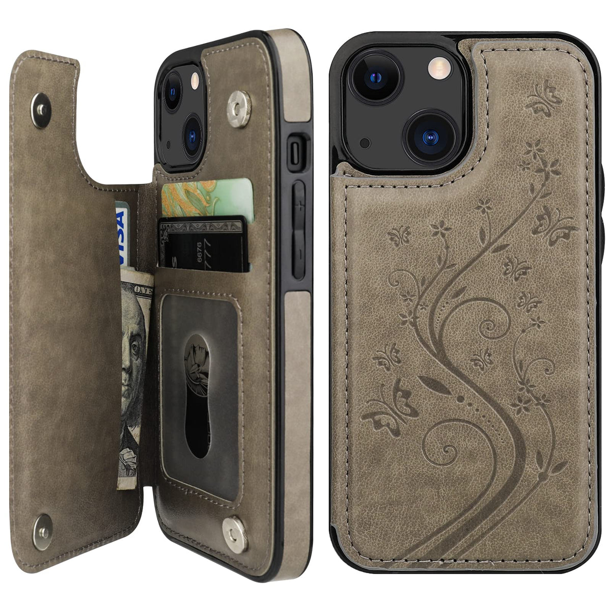 Vaburs Compatible With Iphone 13 Case Wallet With Card Holder, Embossed Butterfly Pattern Pu Leather Double Buttons Flip Shockpr