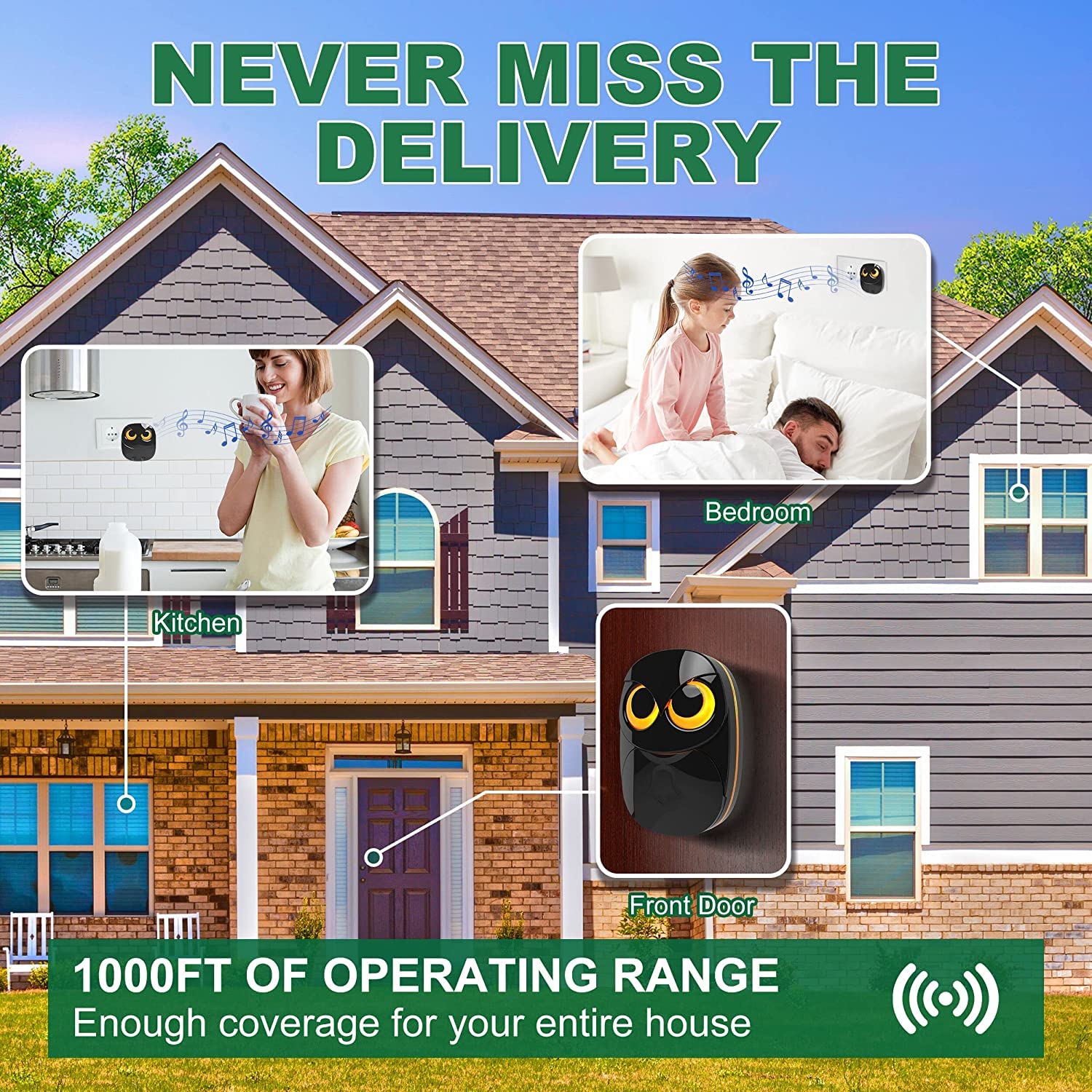 Wireless Doorbell, Cute Owl Doorbell Weatherproof Ip55 Outdoor Remote Push Button  1000 Feet Long Wireless Range  35 Classic Mel
