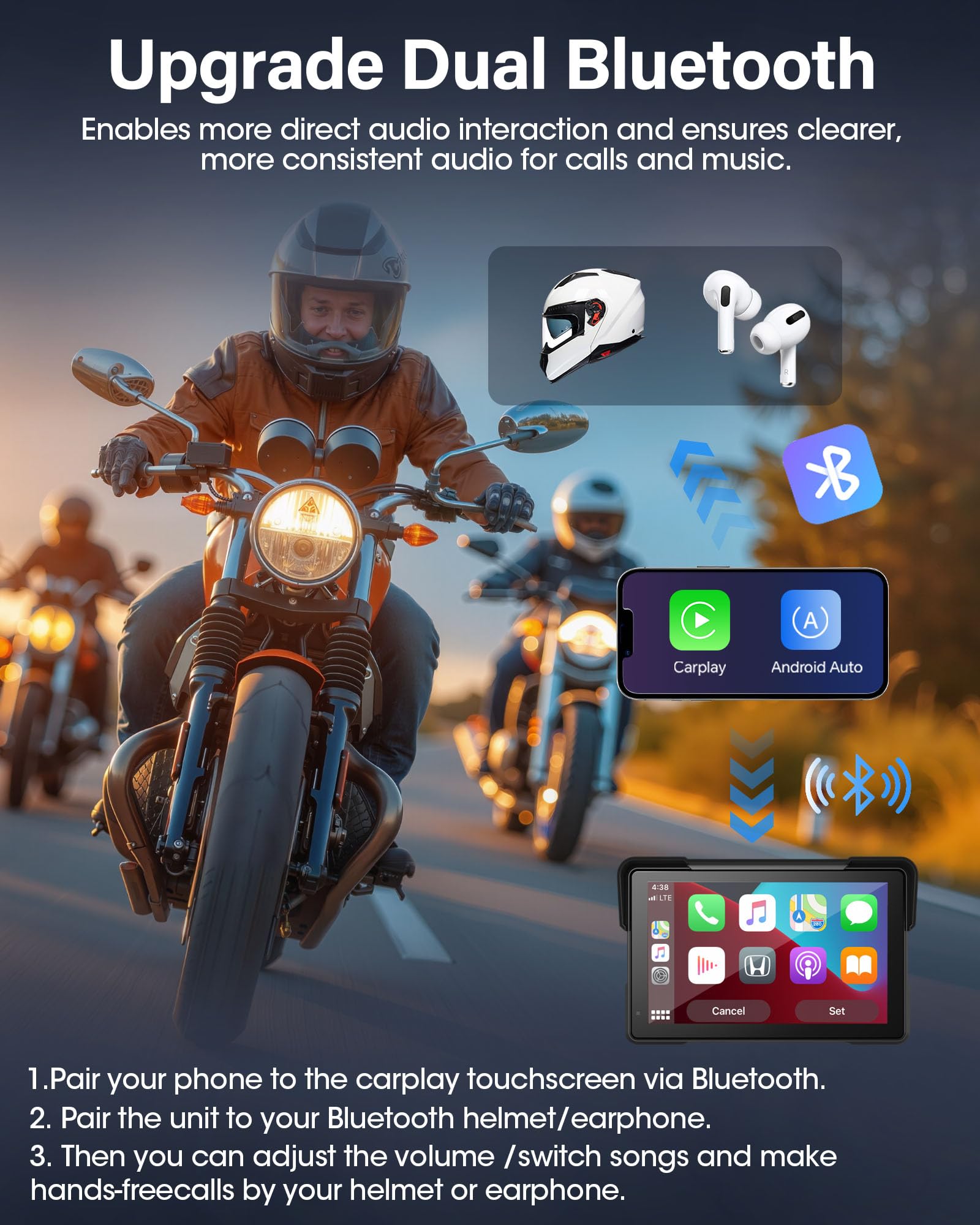 Jelkuz 7 Inch 4K Motorcycle Carplay W 4K Dash Cam Android Auto Screen For Moto Wireless Carplay Dvr With Dual Cameras For Motorb