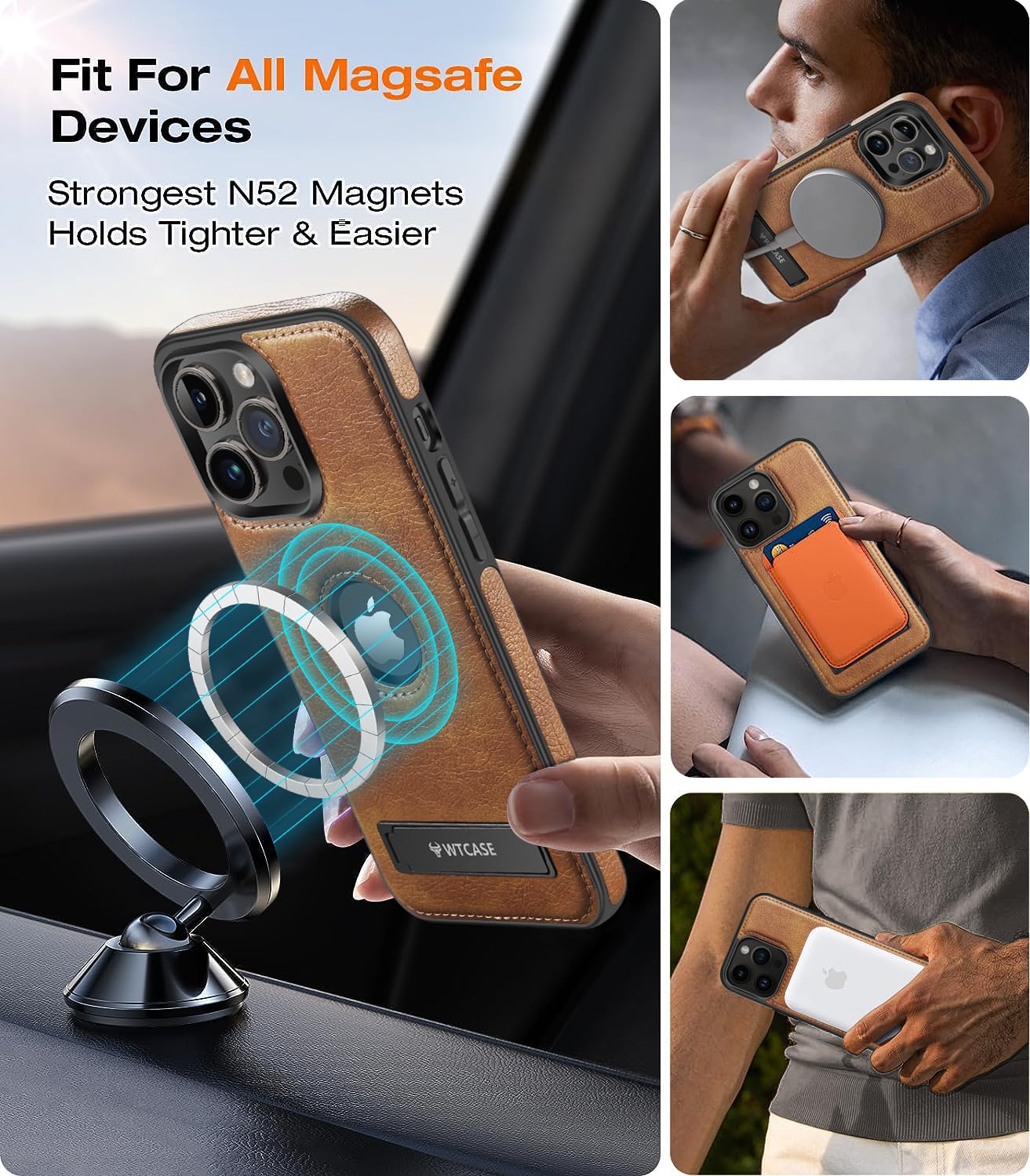 Wtcase Magnetic For Iphone 16 Leather Case,Built In Invisible Stand [Compatible With Magsafe] Protective Slim Kickstand Phone Co