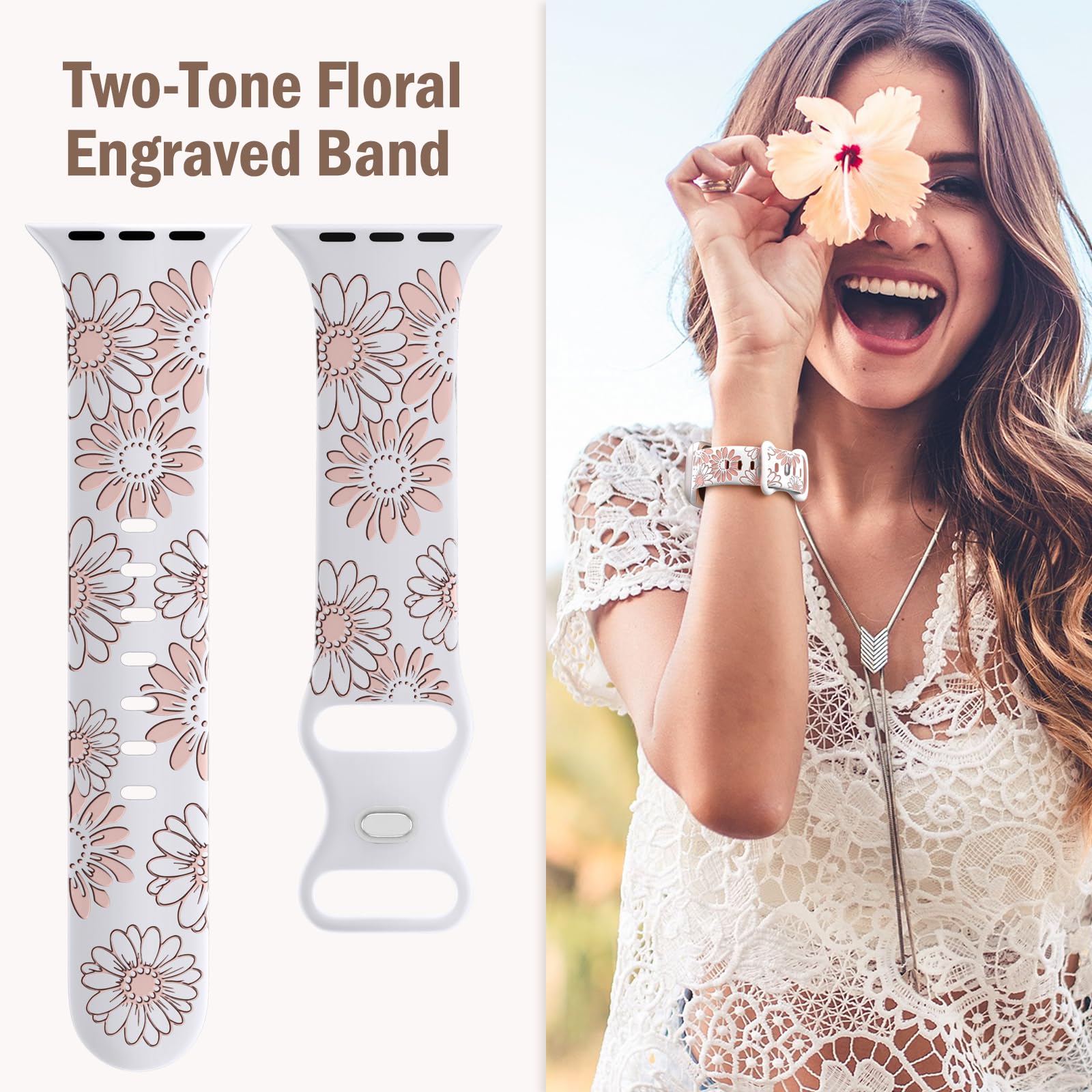 Daqin Floral Engraved Band Compatible With Apple Watch Band 38Mm 40Mm 41Mm 42Mm 44Mm 45Mm 46Mm 49Mm Women,Cute Flower Soft Silic