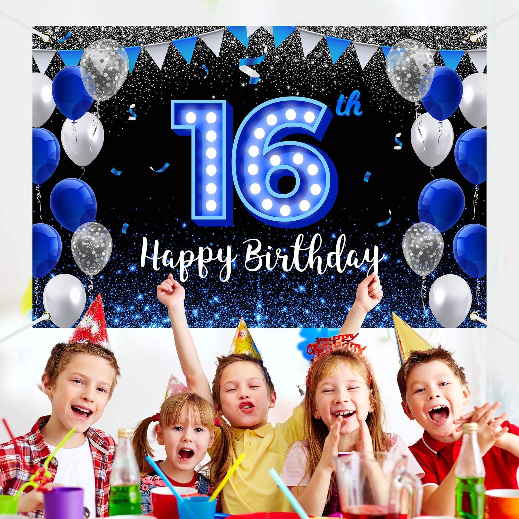 Happy 16Th Birthday Backdrop Banner Blue Black Theme Background With Blue Neon Light Shiny Fashion Birthday Party Photo Photogra
