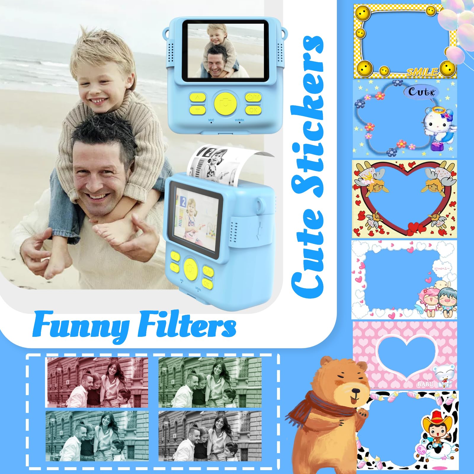 Instant Print Camera For Kids With 3 Rolls Of Printer Paper, 1080P Toddler Digital Camera Toys For Age 3 12 With 32Gb Sd Card, Christmas & Birthday Gifts For 3 4 5 6 7 8 Year Old Girls & Boys (Blue)