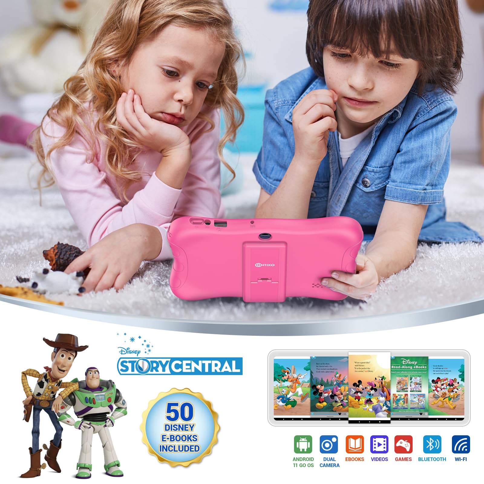 Contixo 7' Android Kids Tablet 32Gb, Includes 50+ Disney Storybooks & Stickers (Value $200), Protective Case With Kickstand, (2023 Model)   Pink