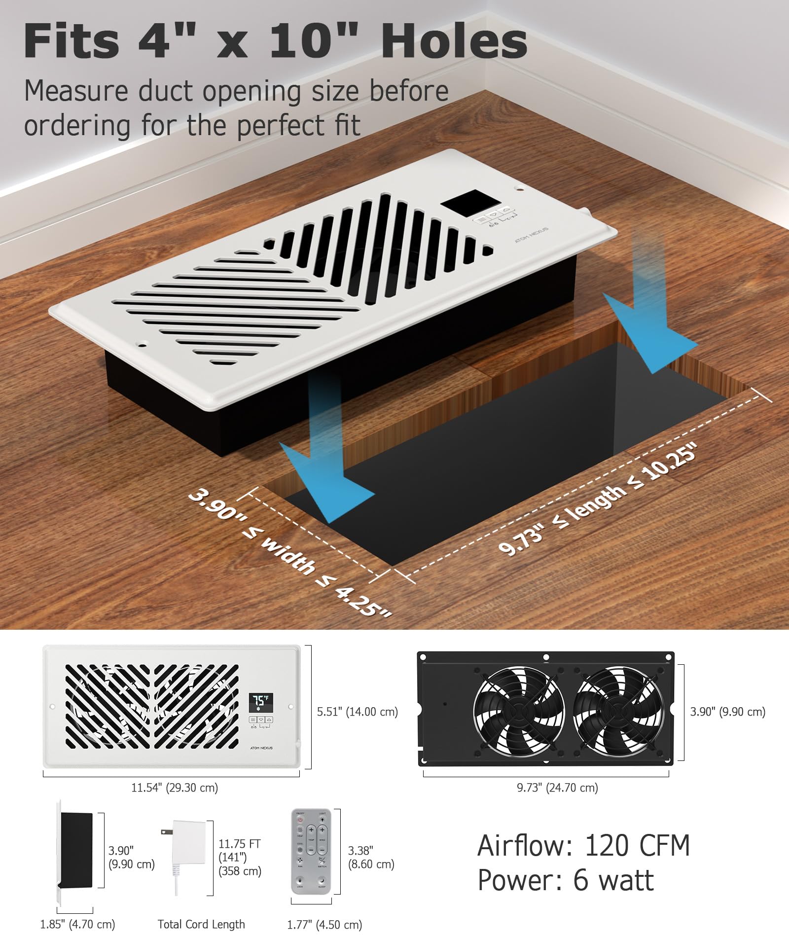 Atom Nexus Quiet Register Booster Fan Fits 4   X10    Register Holes, Smart Vent Booster Fan With Thermostat & Remote Control, 1