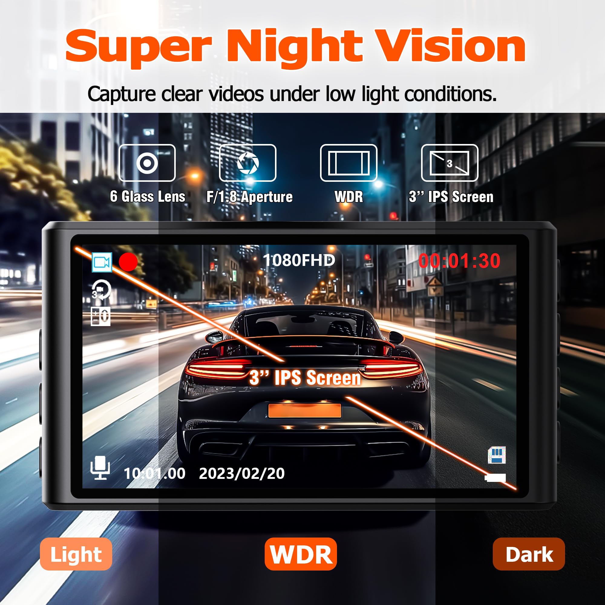 1080P Dash Cam Front And Rear With 32Gb Sd Card, Diamond Lark Dual Dash Camera For Cars, 3    Ips Display Dashcam With Type C Po