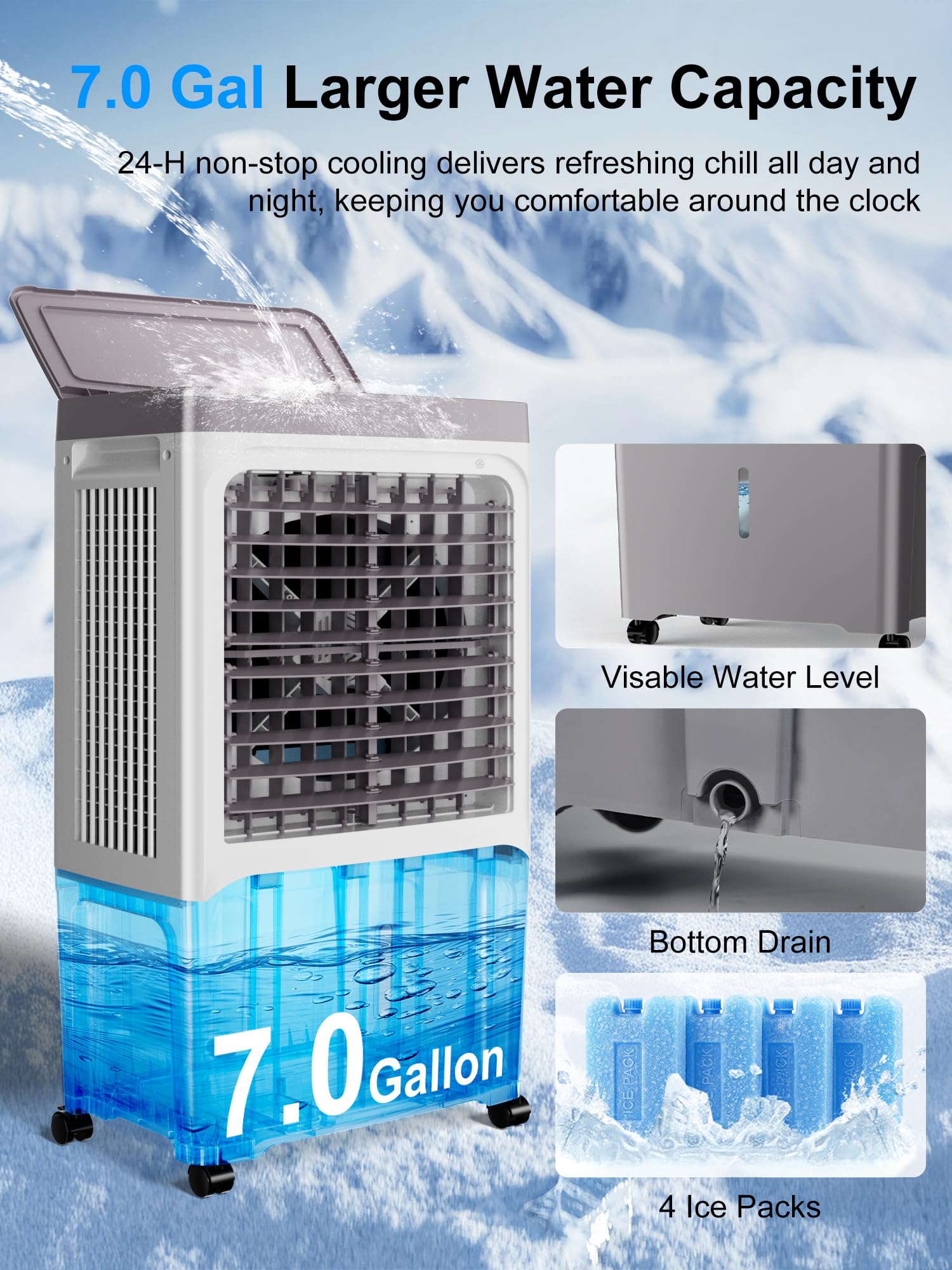 Uthfy Swamp Cooler, 2800 Cfm Evaporative Air Cooler With 7 Gal Water Tank, 4 Ice Packs, Remote, 12 H Timer, 120 Oscillation, Por