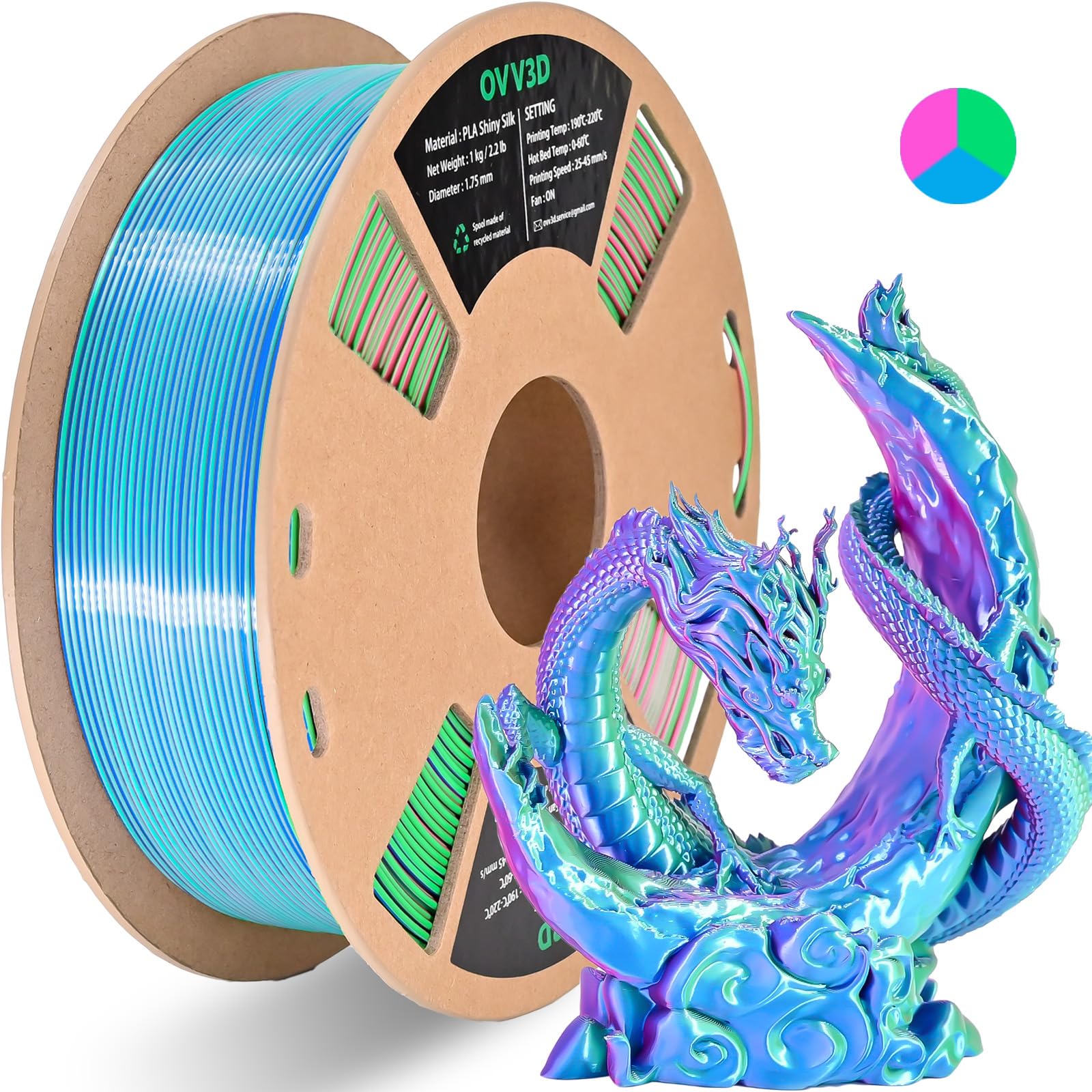 Ovv3D Pla Filament 1.75Mm Tri Colors, 3D Printer Filament Silk Pla Filament, Rainbow Pla Filament With Silk Pla Sky Blue Rose Re