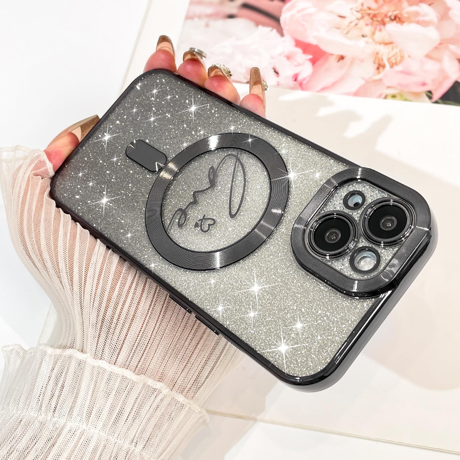 Fiyart Designed For Iphone 15 Plus Case,Compatible With Magsafe Love Heart Plating Camera Protection Clear Phone Case, Magnetic