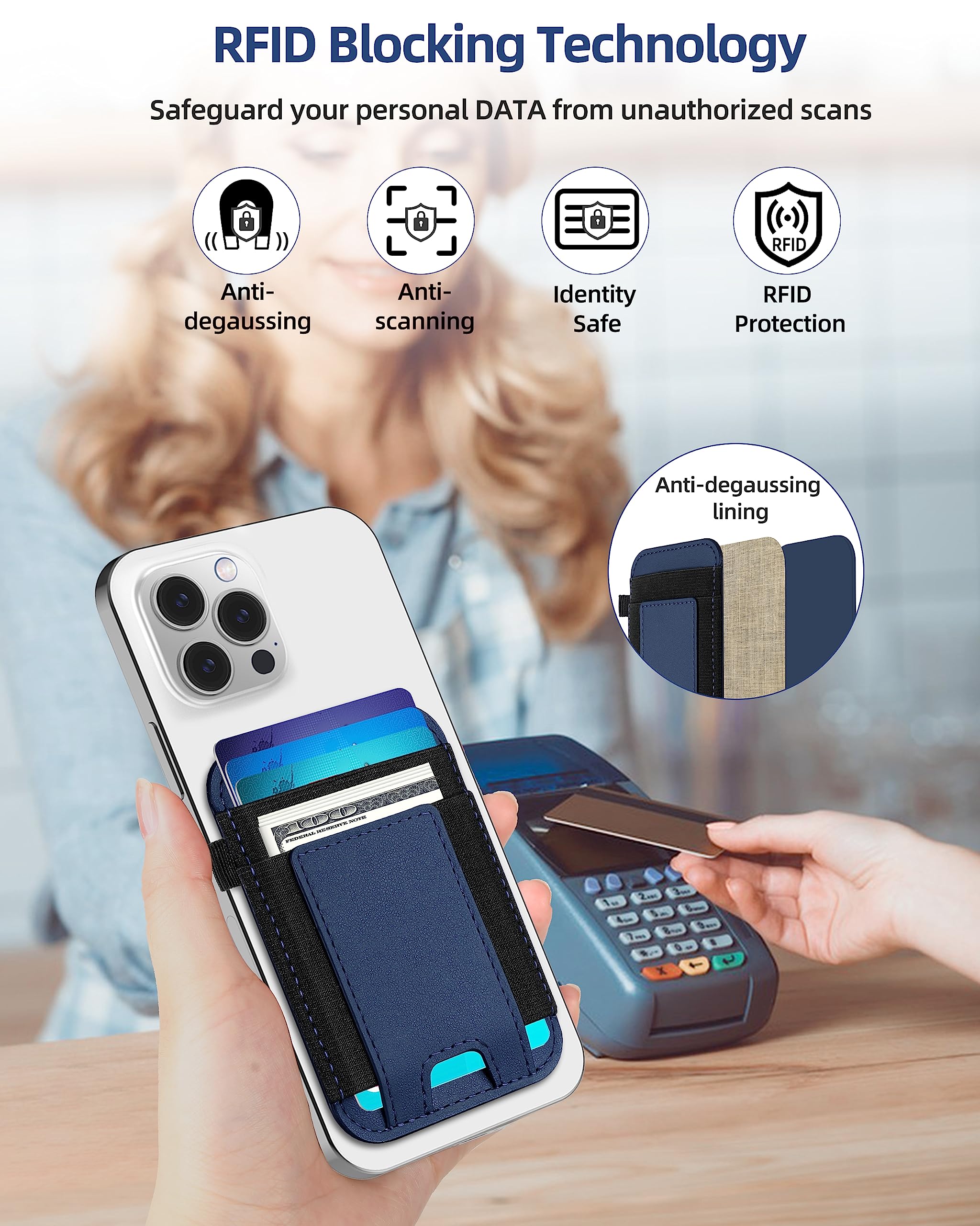 Extrelife Magnetic Card Wallet For Apple Iphone 15/14/13/12, Navy Blue, Faux Leather, Slim And Large Capacity, Max 2 7 Cards And