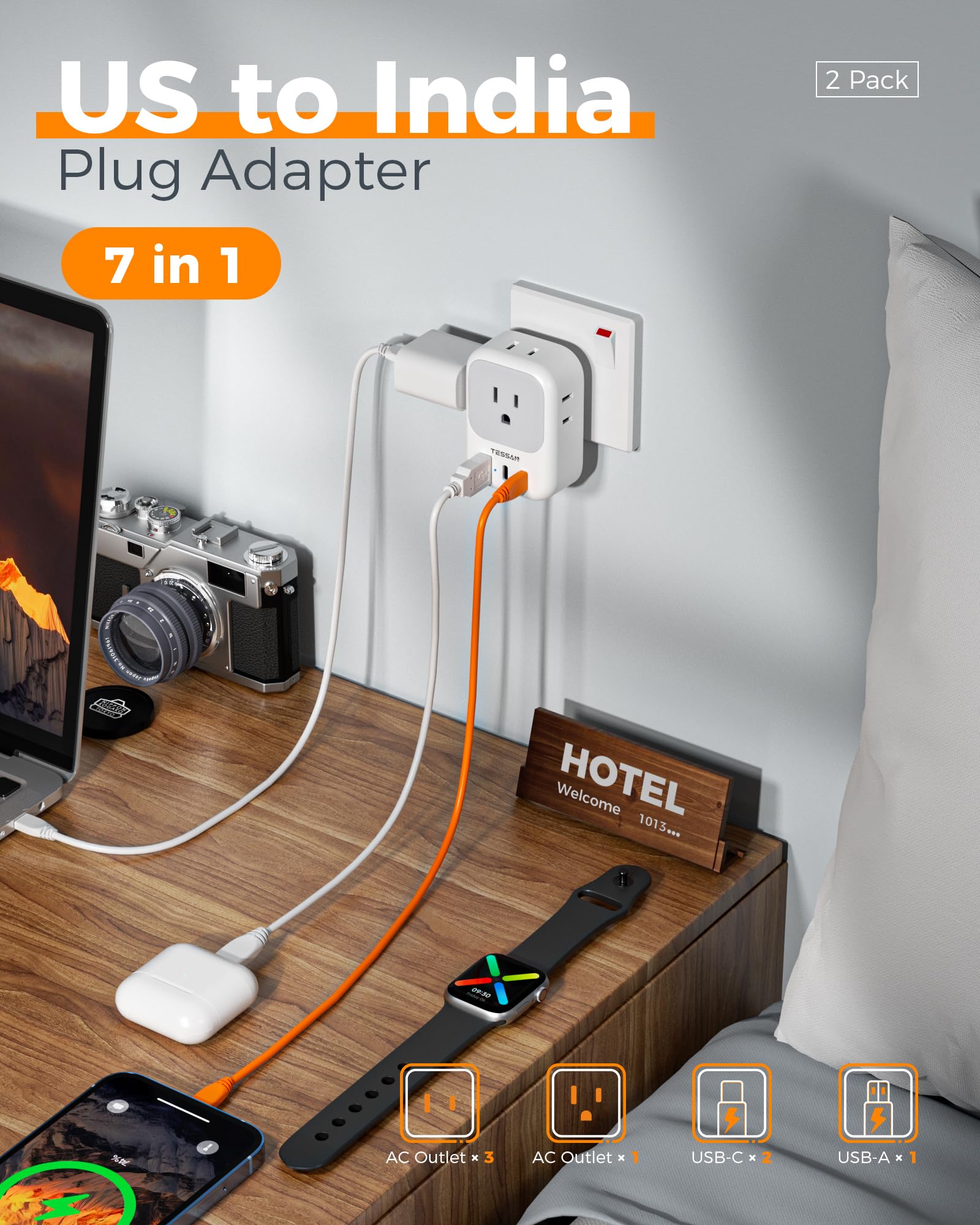 Us To India Plug Adapter 2 Pack, Tessan Type D Travel Adapter With 4 Outlets 3 Usb (2 Usb C), Power Adaptor For Us To India Nepa