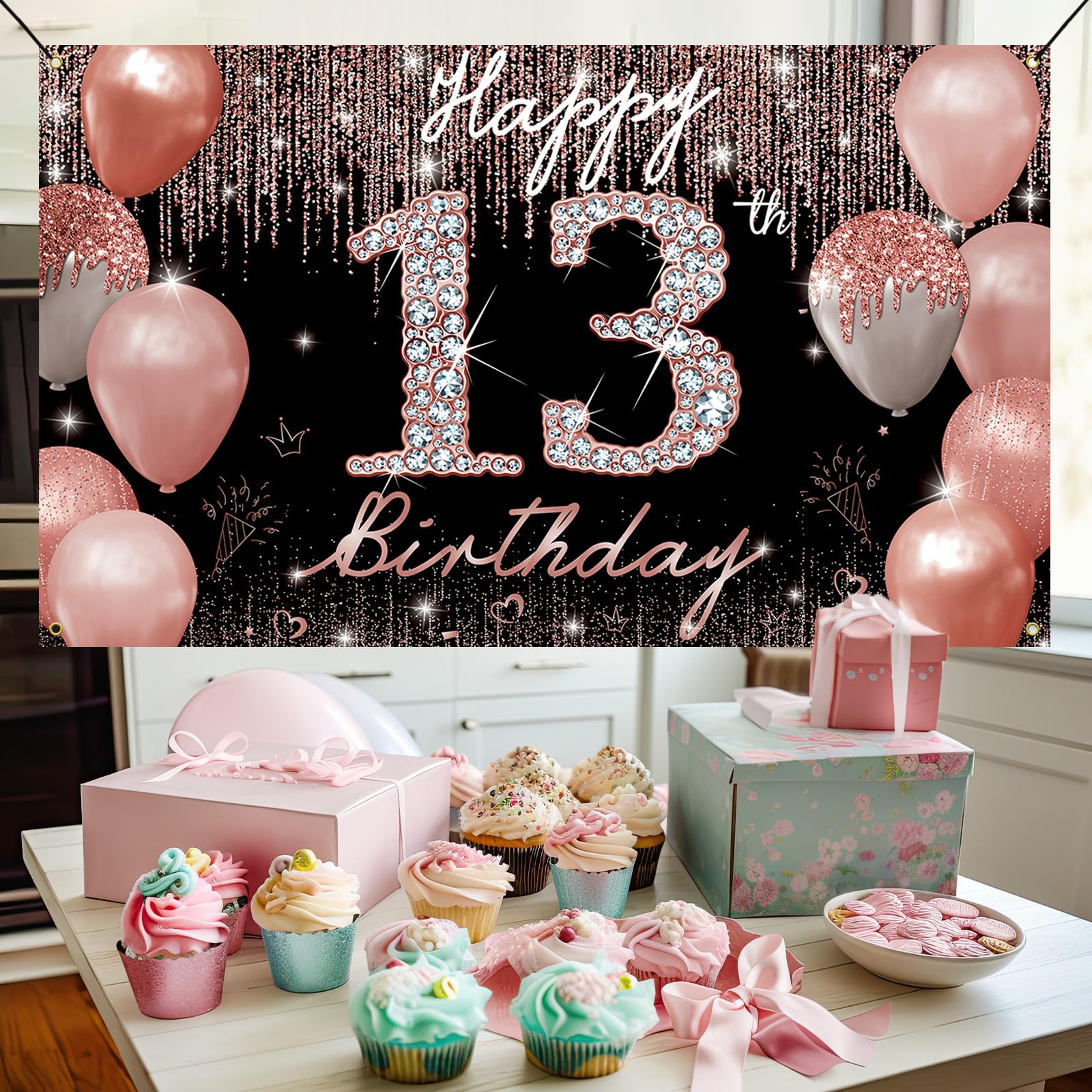 13Th Birthday Decoration For Girls, Happy 13Th Birthday Backdrop Banner Rose Gold, Sweet 13 Year Old Birthday Party Yard Sign Ph