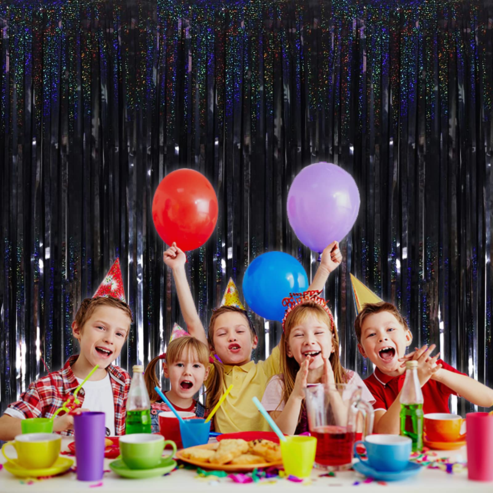 4 Pack Black Tinsel Foil Fringe Curtain Backdrop, 3.28Ft X 8.2Ft Metallic Streamers For Photo Booth Props Wedding Bridal Shower