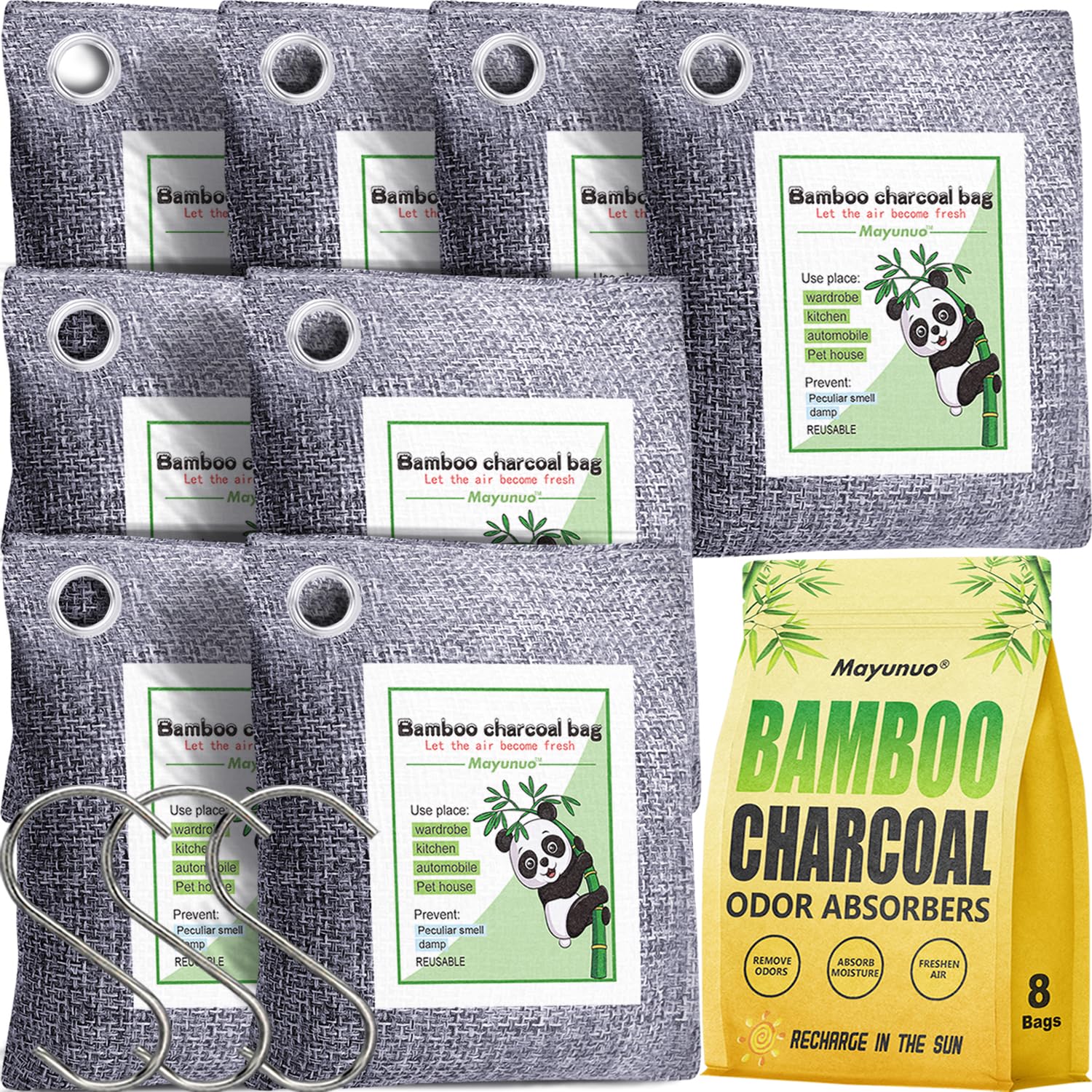 Mayunuo Bamboo Activated Charcoal Odor Absorber Nature Fresh Air Purifying Bag, 8 Pack W Hooks, Home Closet Car Air Freshener De