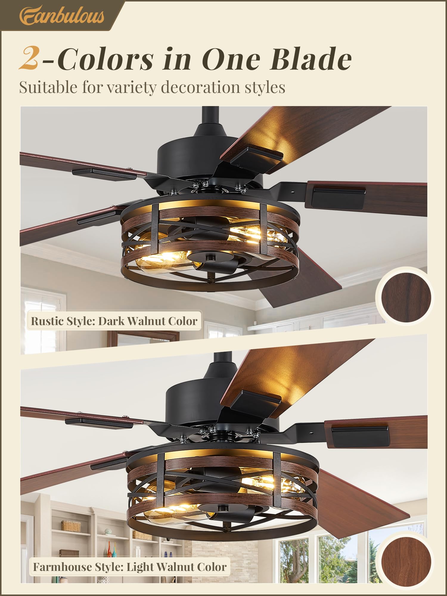 Fanbulous Farmhouse Ceiling Fans With Light, 48 Inch Bedroom Ceiling Fan With Lights, 6 Speed Adjustable, Quiet And Reversible D
