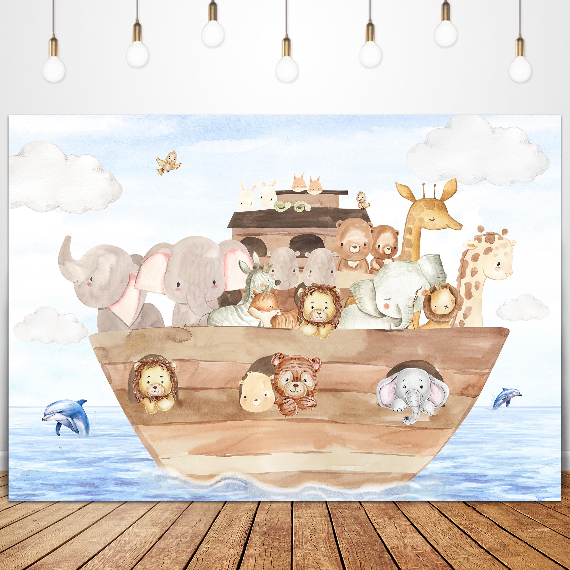 Glawry Noah'S Ark Baby Shower Backdrop For Photography 7Wx5H Feet Cute Cartoon Woodland Animals Blue Ocean Lovely Clouds Newborn
