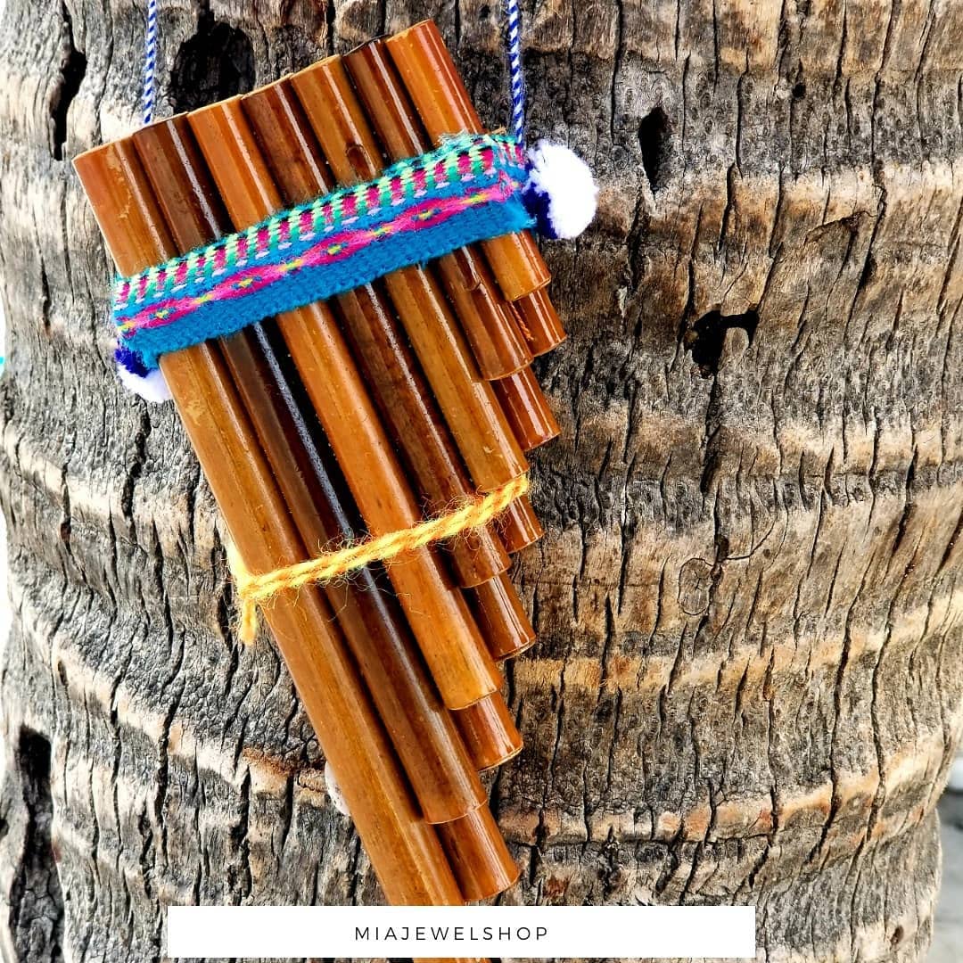 Natural Bamboo Wooden Pan Flute Pipe With Multicolored Tribal Print Woven Cotton Strap   Handmade Woodwind Gifts Peruvian Musica