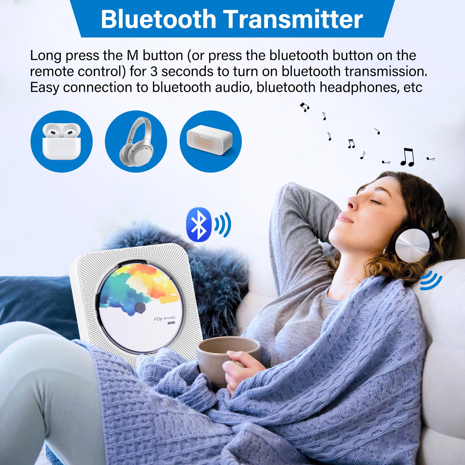 Envycloud Cd Player Portable Bluetooth Desktop Cd Player For Home, Built In Dual Speakers And Led Display With Remote Control, S