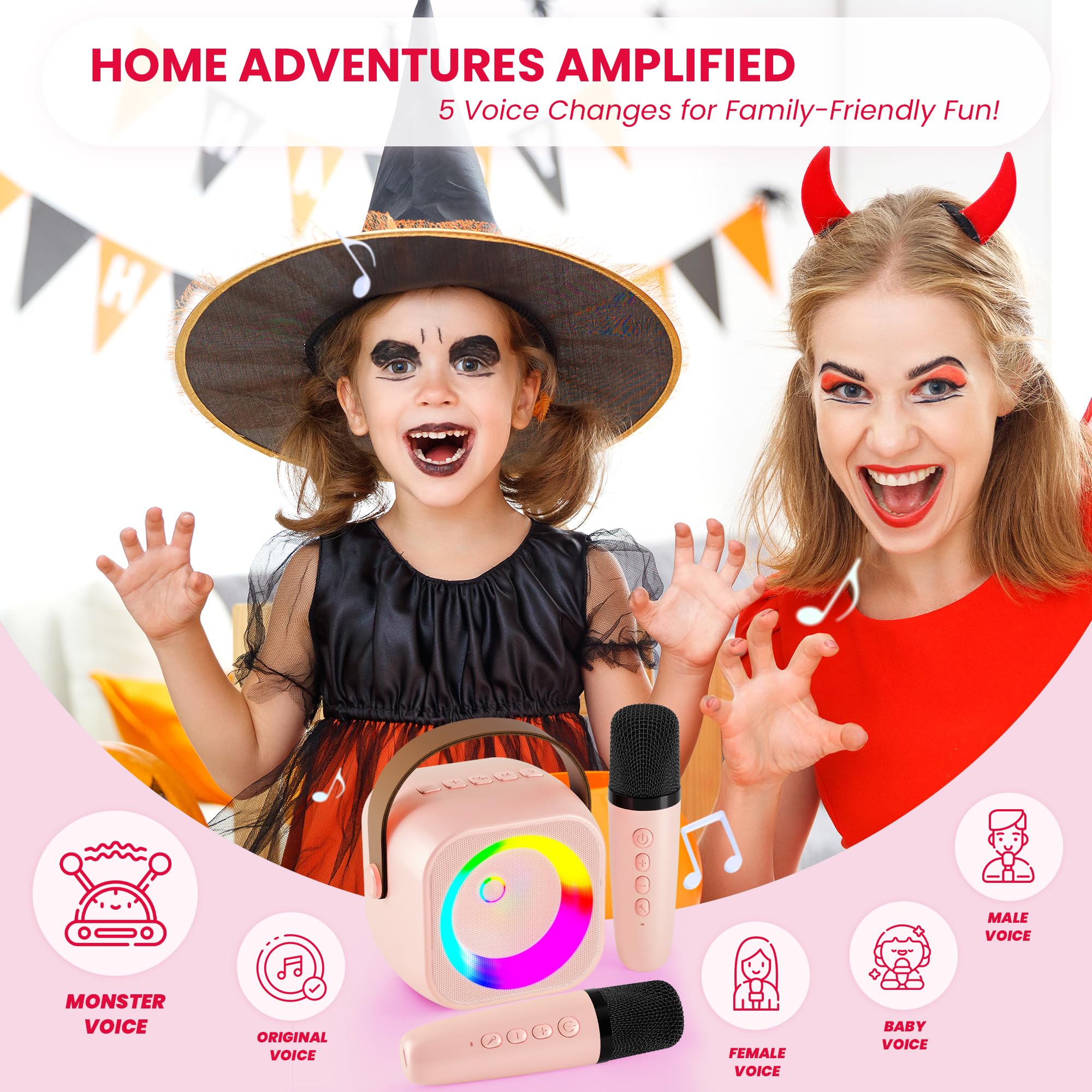 Karaoke Machine For Kids Adults, Mini Portable Bluetooth Karaoke Speaker With 2 Wireless Microphone And Lights, Christmas Birthd