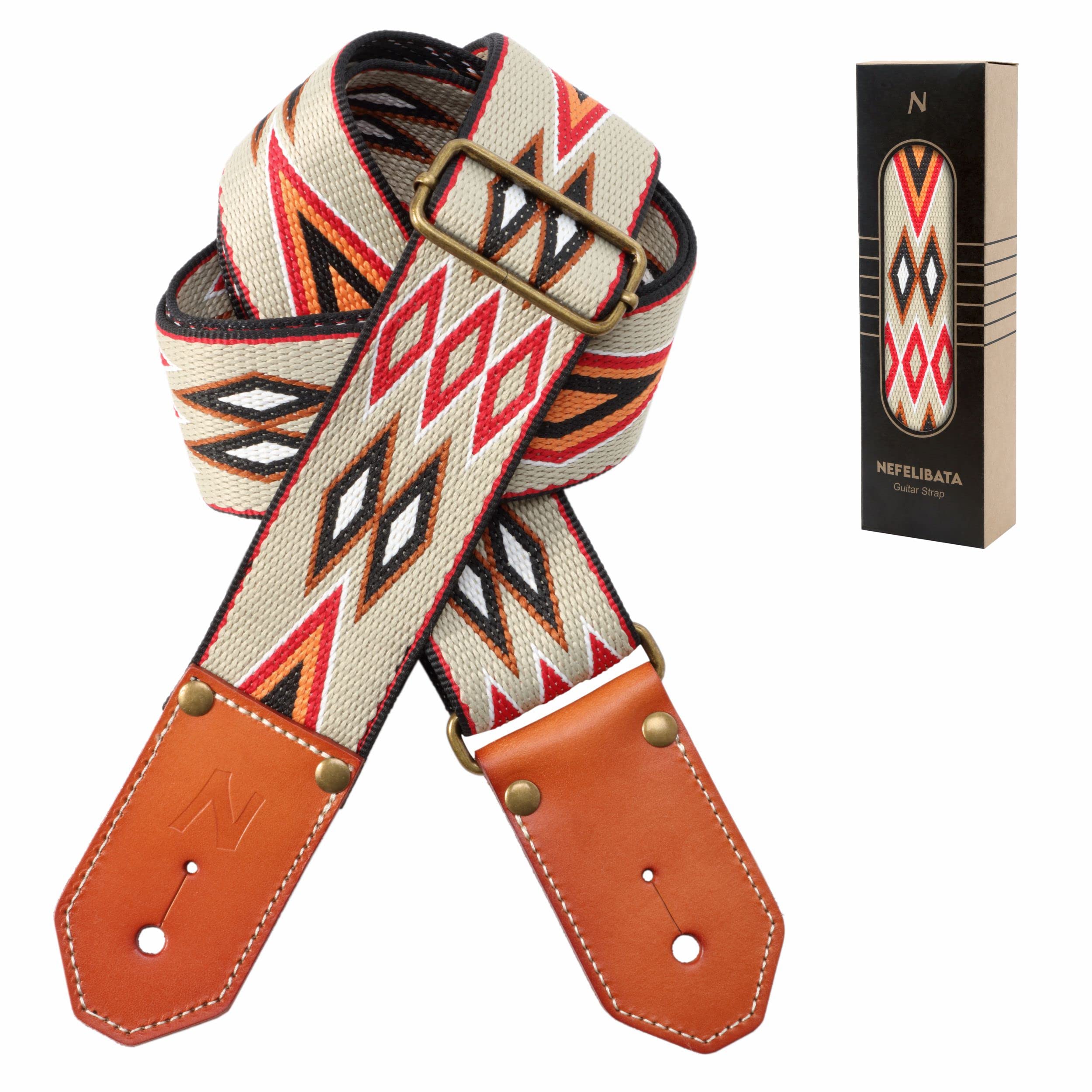Nefelibata Cool Woven Guitar Strap   Cotton Guitar Straps With Thicked First Layer Vegetable Tanned Cowhide Leather Ends For Aco