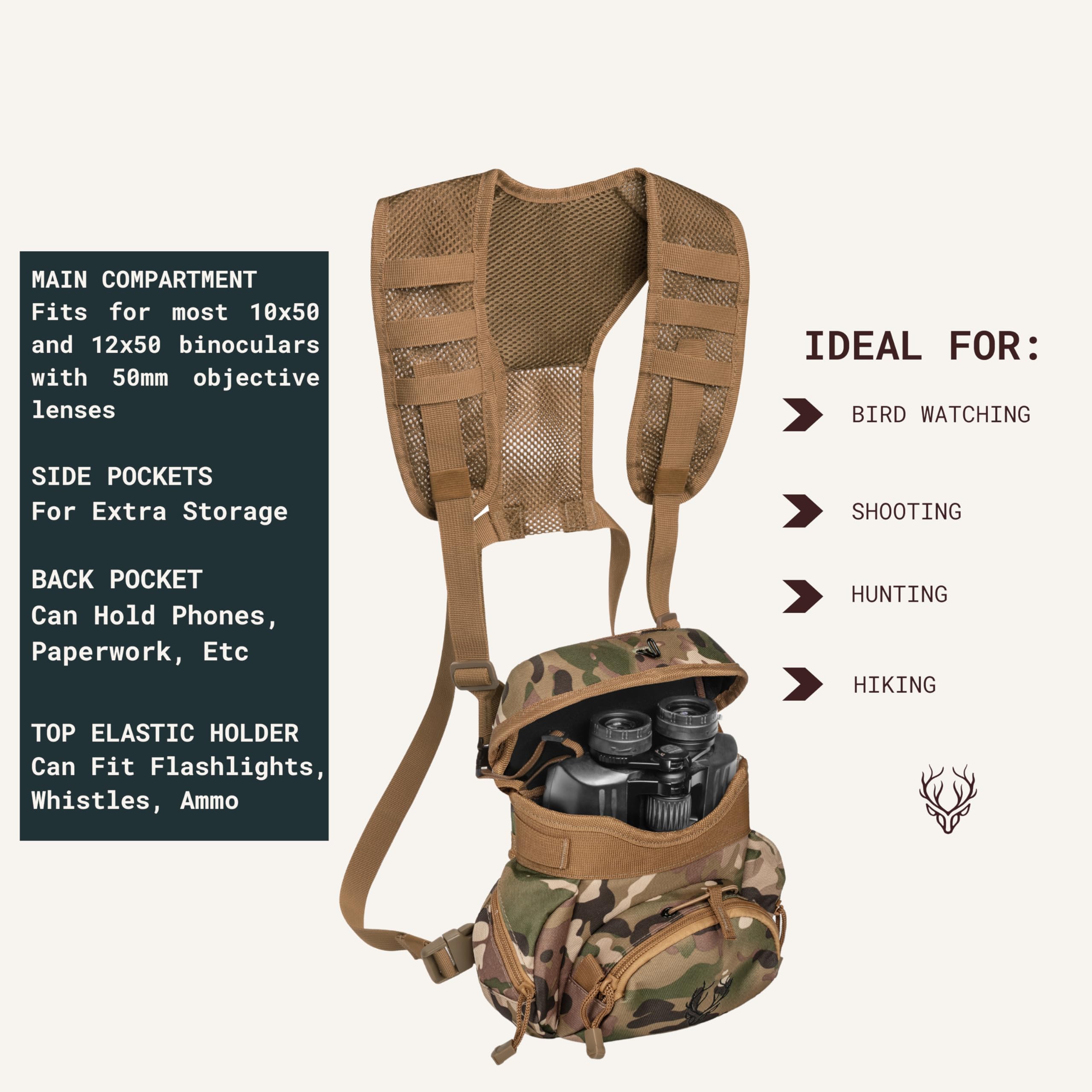 Binocular Harness Chest Pack - Lightweight Bino Harness With Rangefinder Pouch, Silent Hunting Chest Rig And Binocular Case W/ M