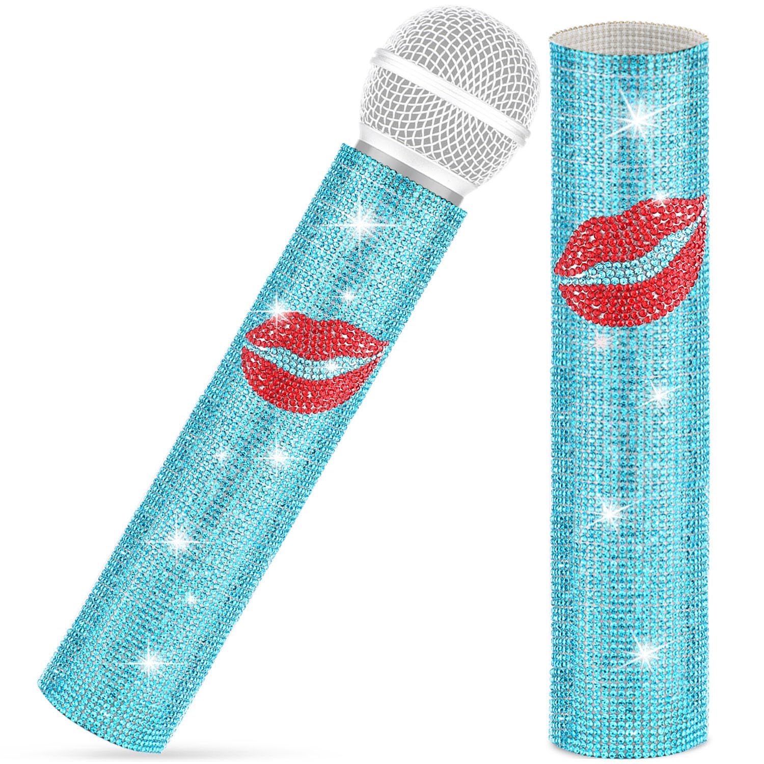 Facmogu Lake Blue Rhinestones Red Lips Microphone Decor Cover, Sparkly Crystal Mic Handle Cover For Universal Wireless Microphon
