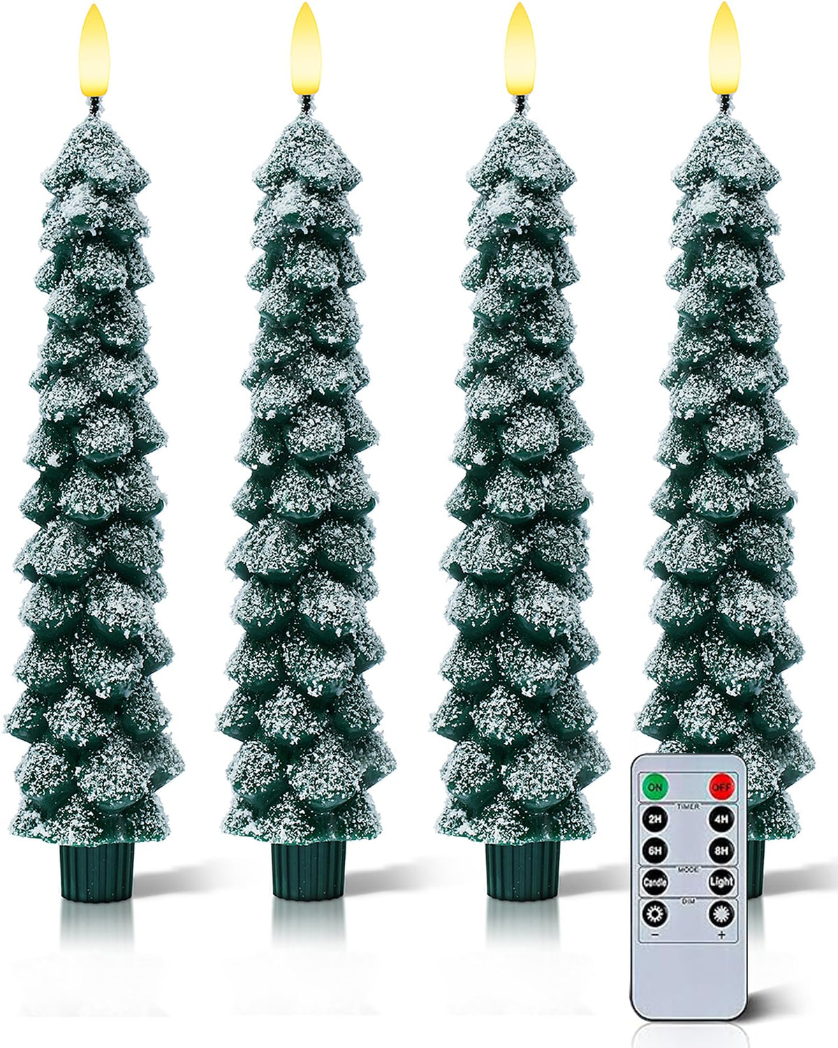 Stmarry 4 Pack Christmas Tree Candles Covered In Snow With Remote, 9.65 Inch Real Wax Flameless Taper Candles, Led Candles Batte